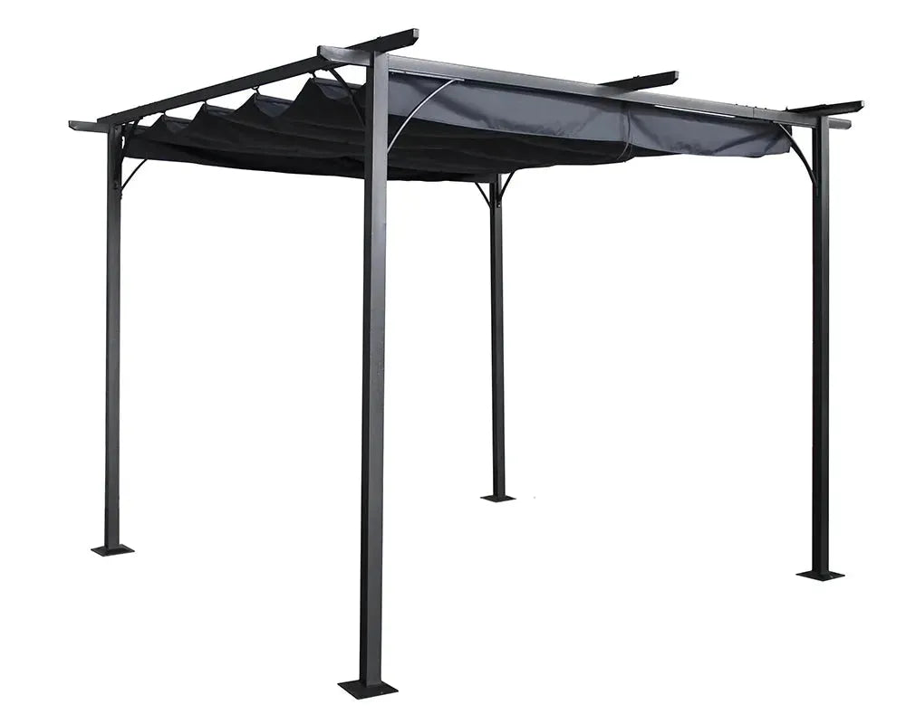 Image of Black pergola with a canopy on a white background