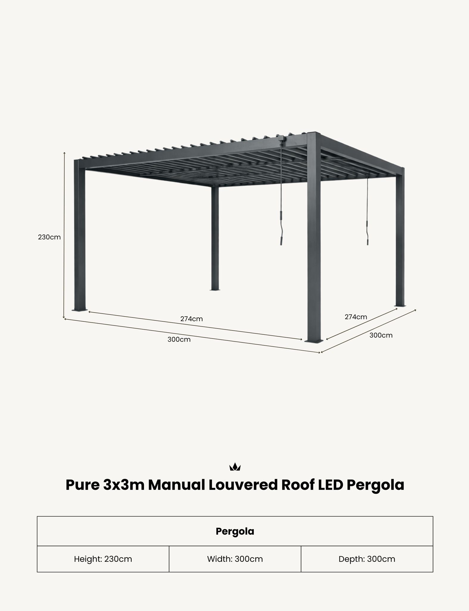 Image of Pure 3x3m Pergola with Manual Louvered Roof and solar powered lighting