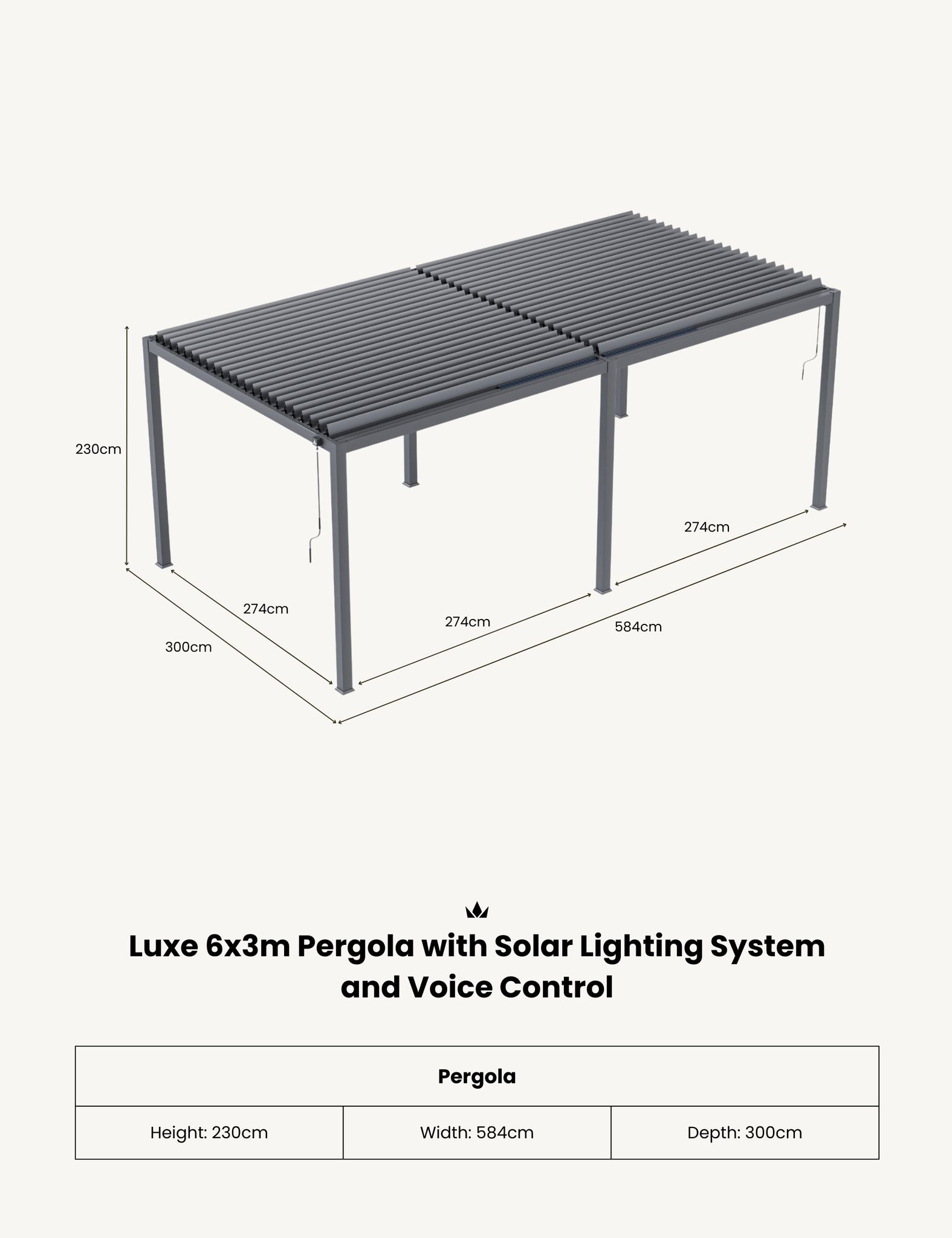 Image of Luxe 6x3m Pergola with Solar Lighting System and Voice Control