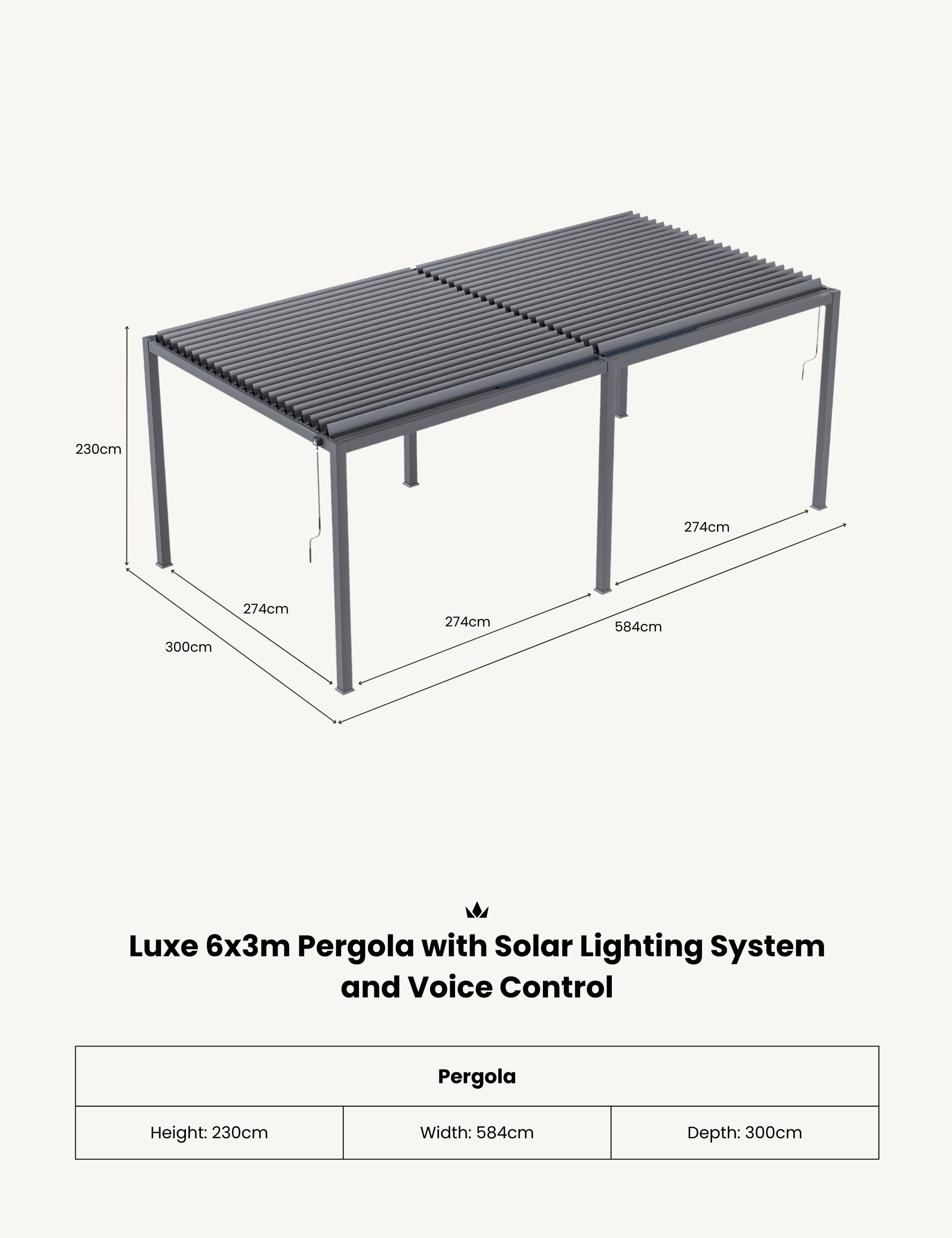 Image of Luxe 6x3m Pergola with Solar Lighting System and Voice Control
