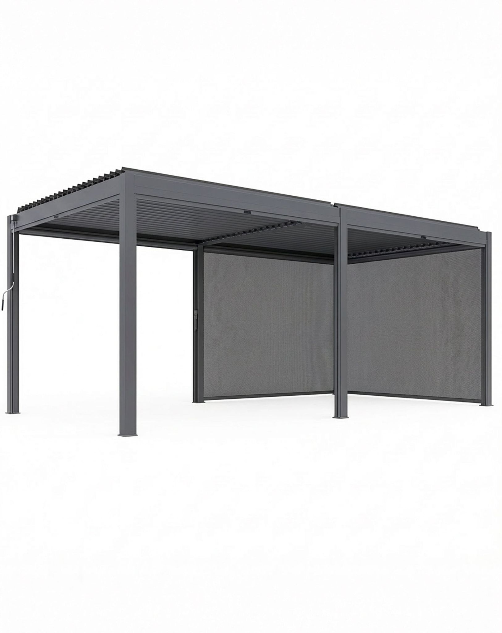 Image of Gray outdoor canopy with mesh panels on a white background