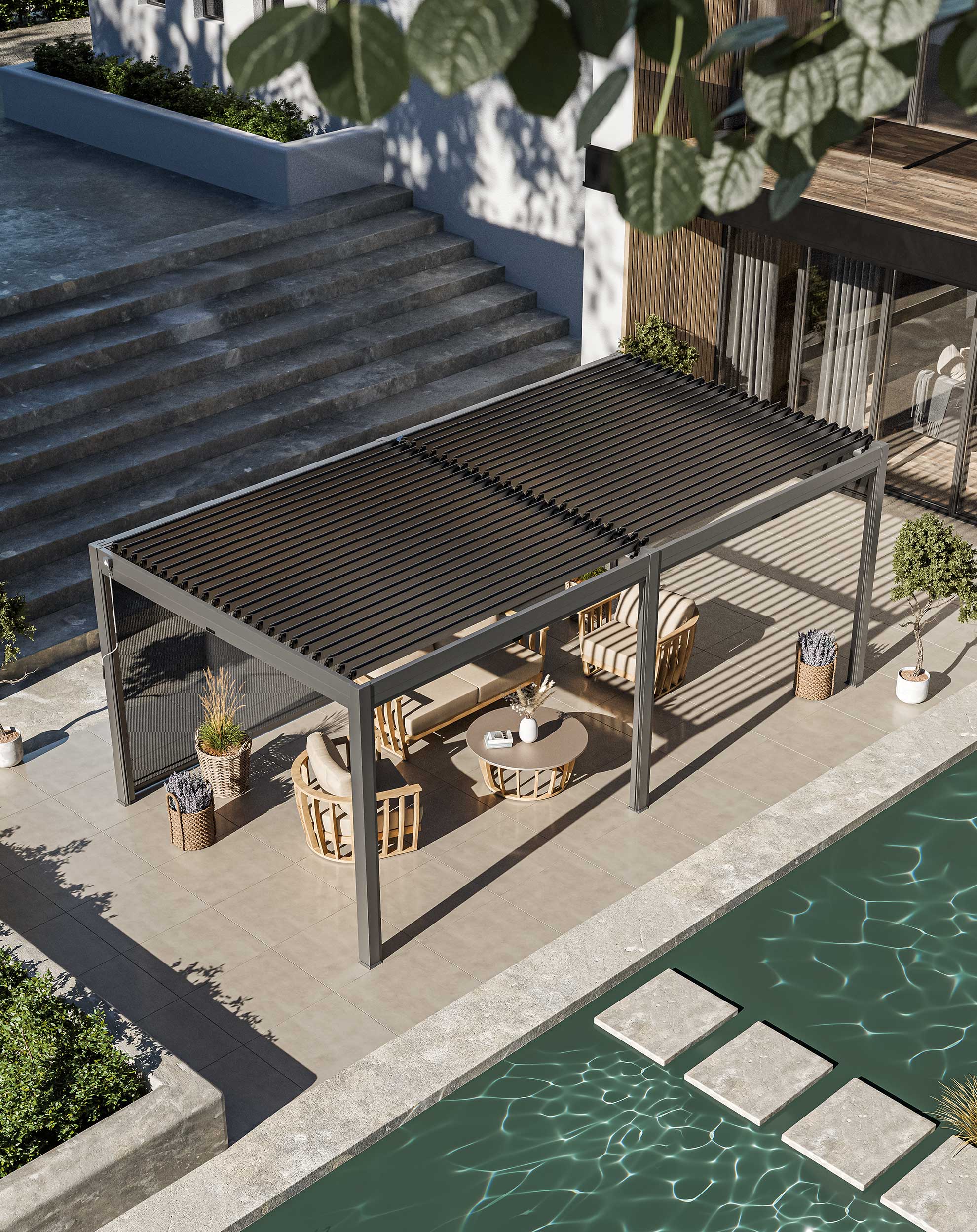 Outdoor patio with pergola, furniture, and pool area