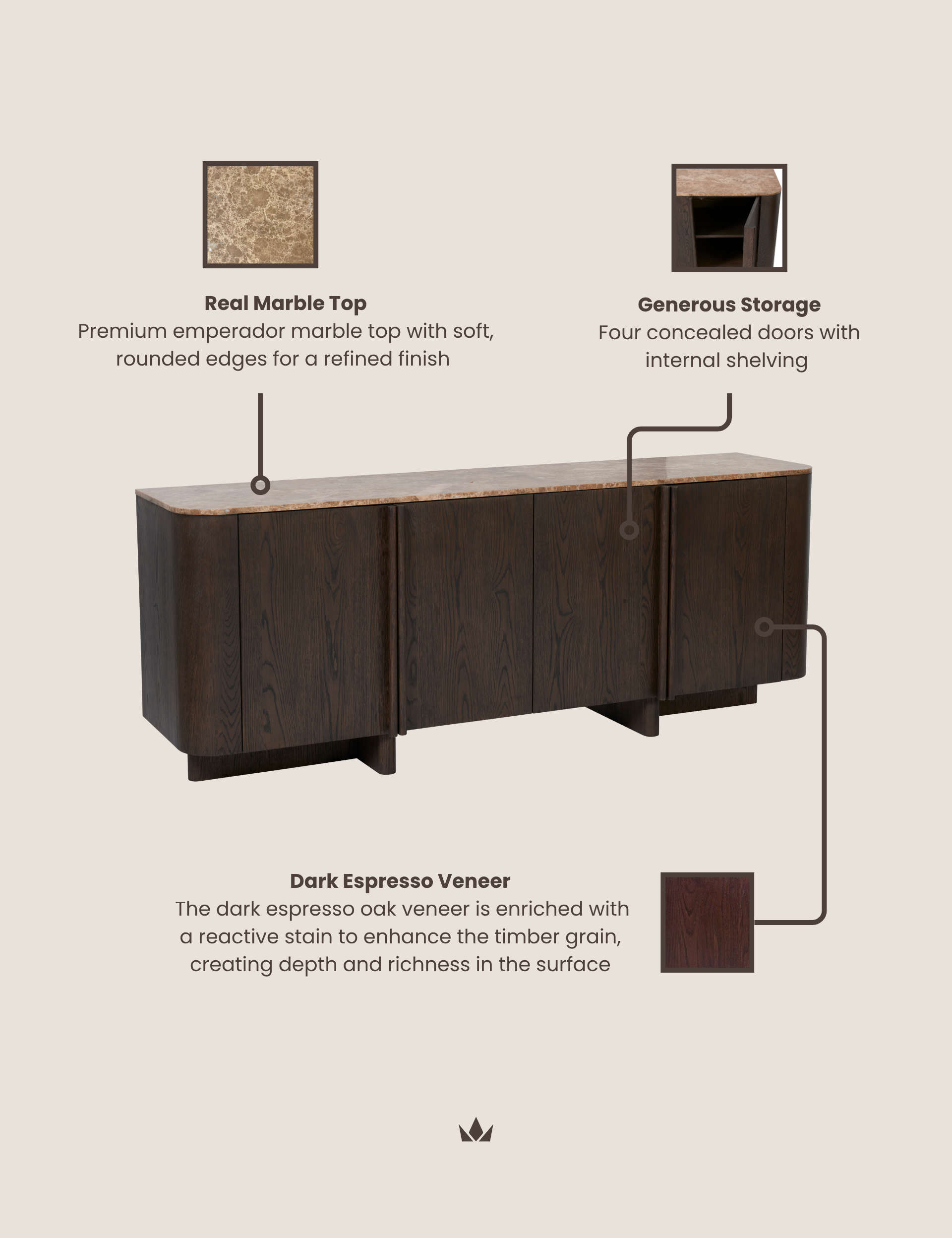 Image of RIVA Dark Wood 4-Door Sideboard with Marble Top