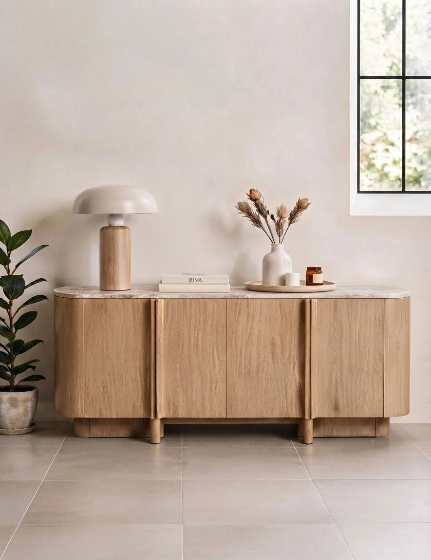 Image of RIVA Mid Oak 4-Door Sideboard with Marble Top