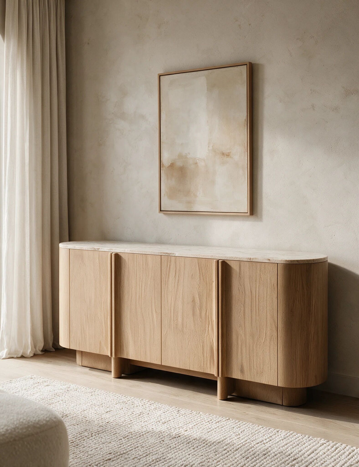 RIVA Mid Oak 4-Door Sideboard with Marble Top