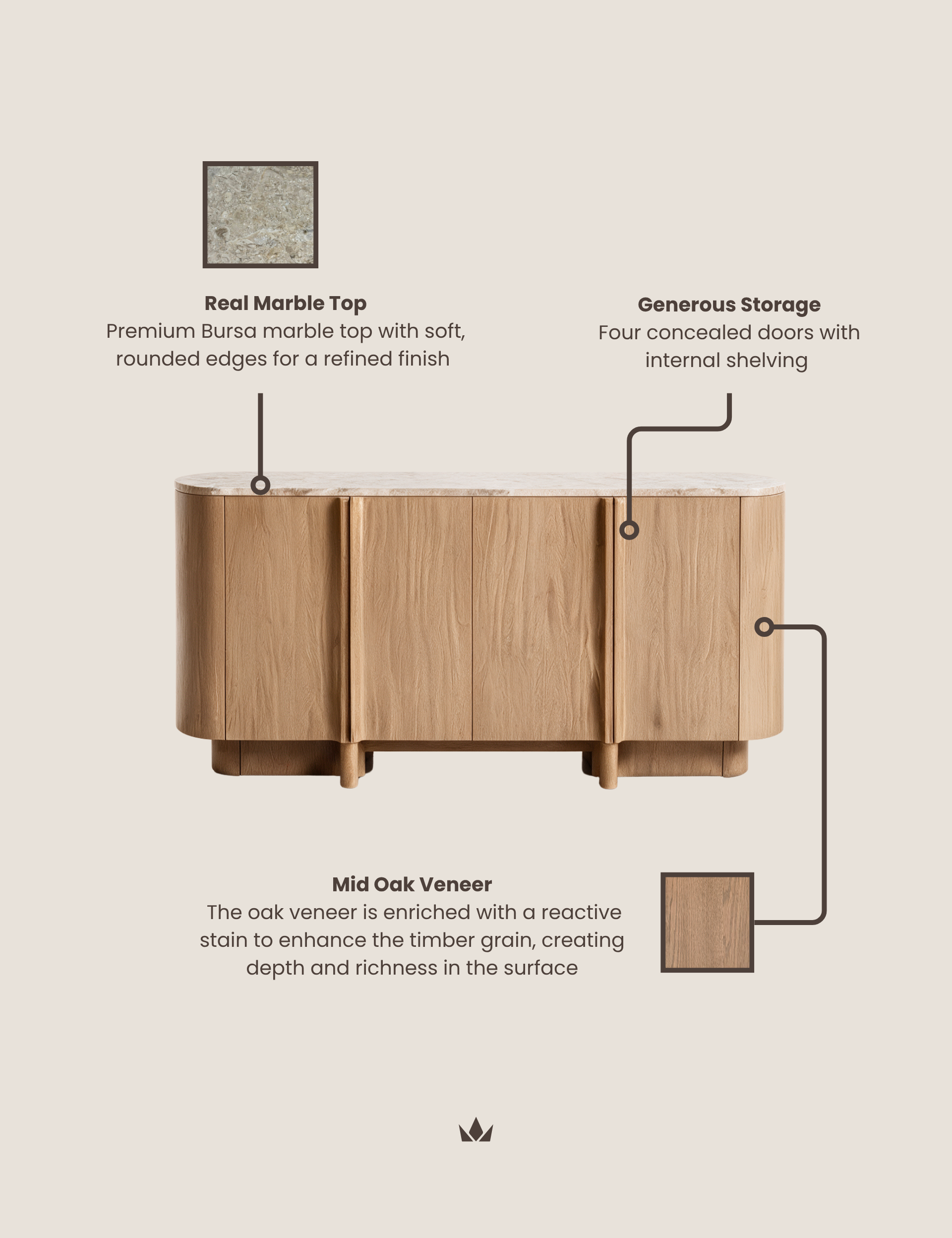 Image of RIVA Mid Oak 4-Door Sideboard with Marble Top