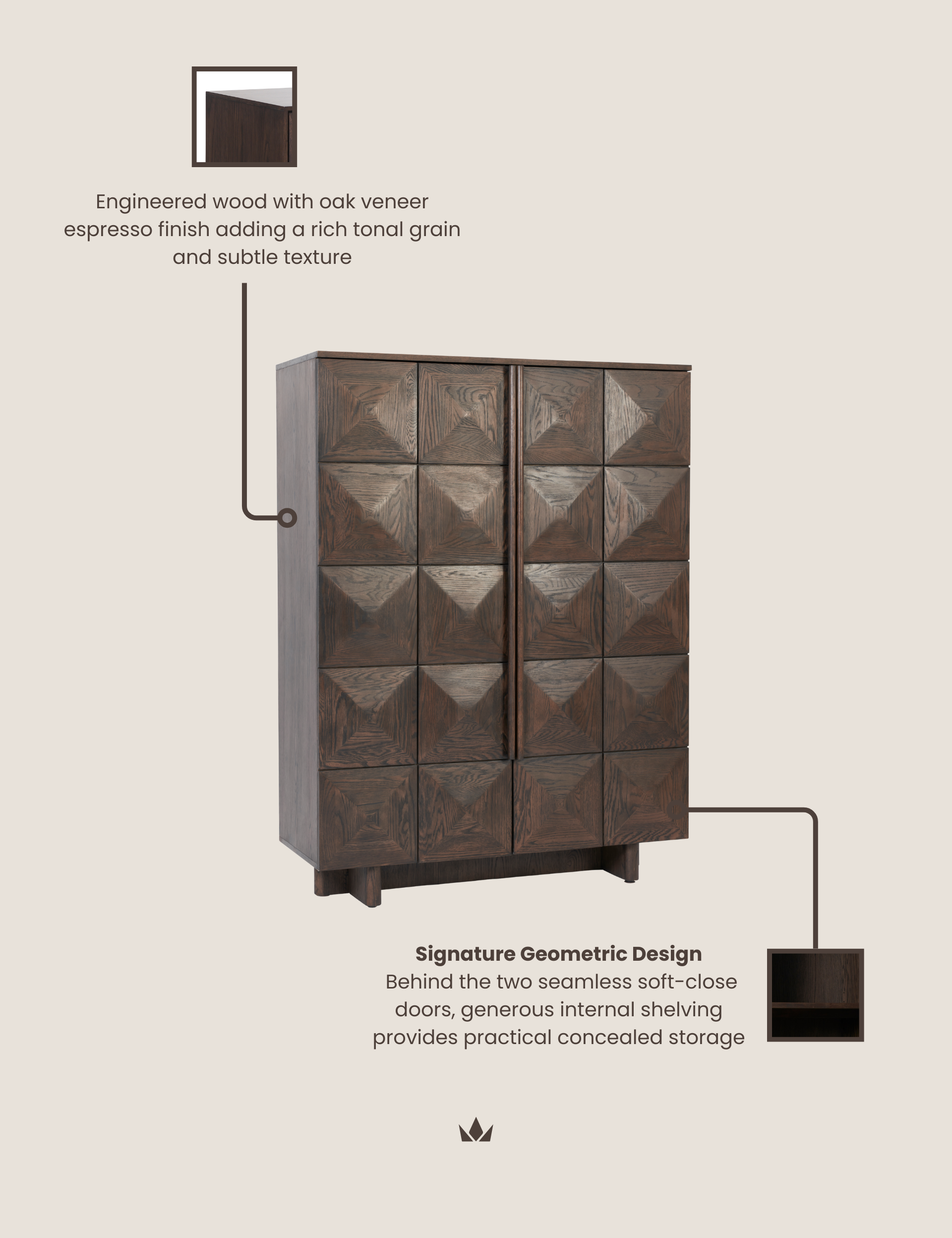 Image of ROKA Dark Wood Geometric 2-Door Cabinet