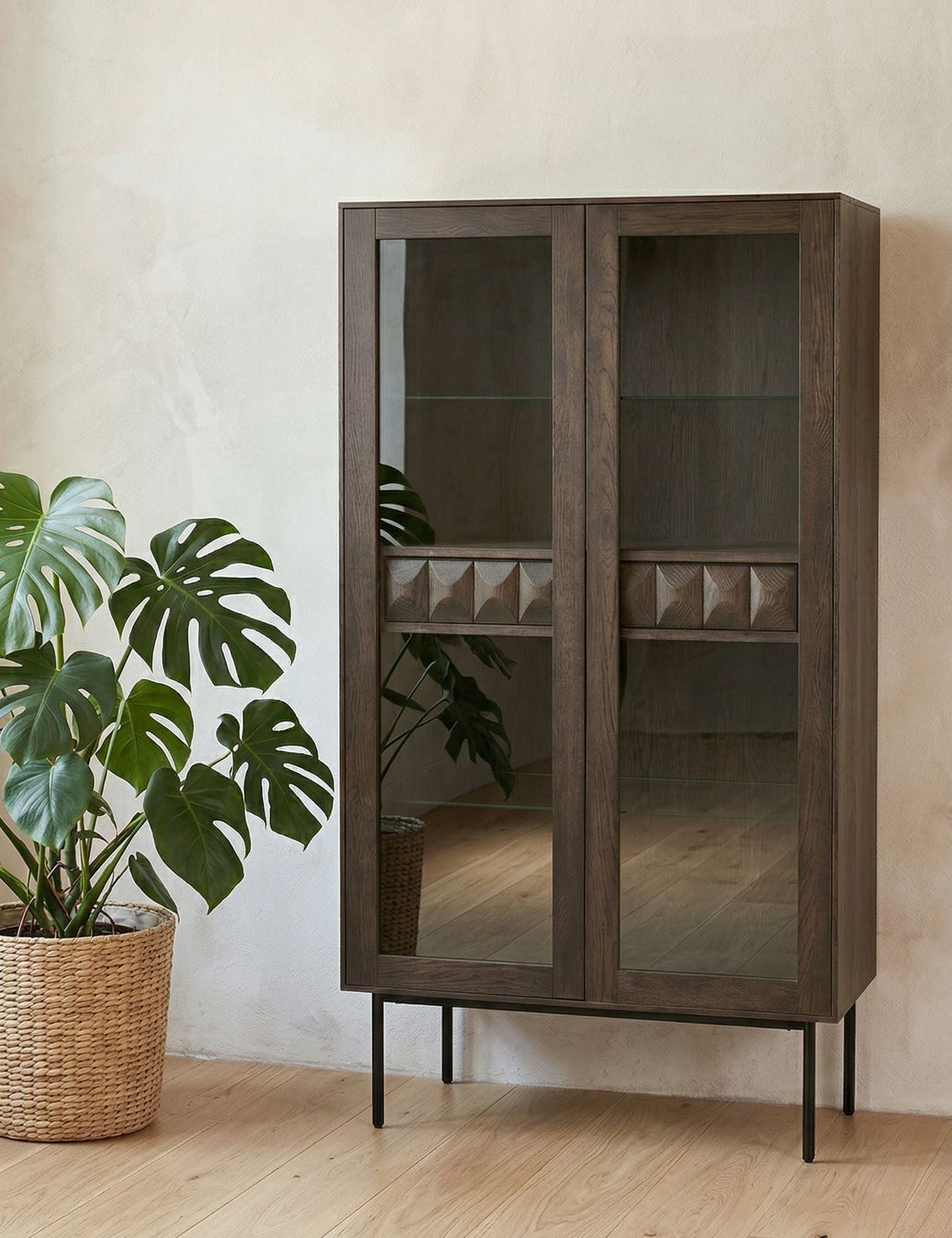 Image of Wooden cabinet with glass doors next to a potted plant on a wooden floor.