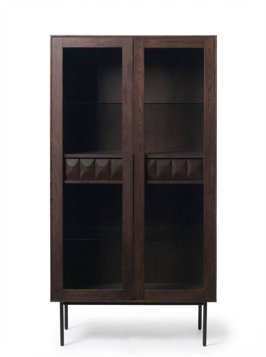 Image of A tall dark brown wooden cabinet with two glass-front doors, open shelves, a geometric patterned middle shelf, and slim black legs, shown against a plain white background.