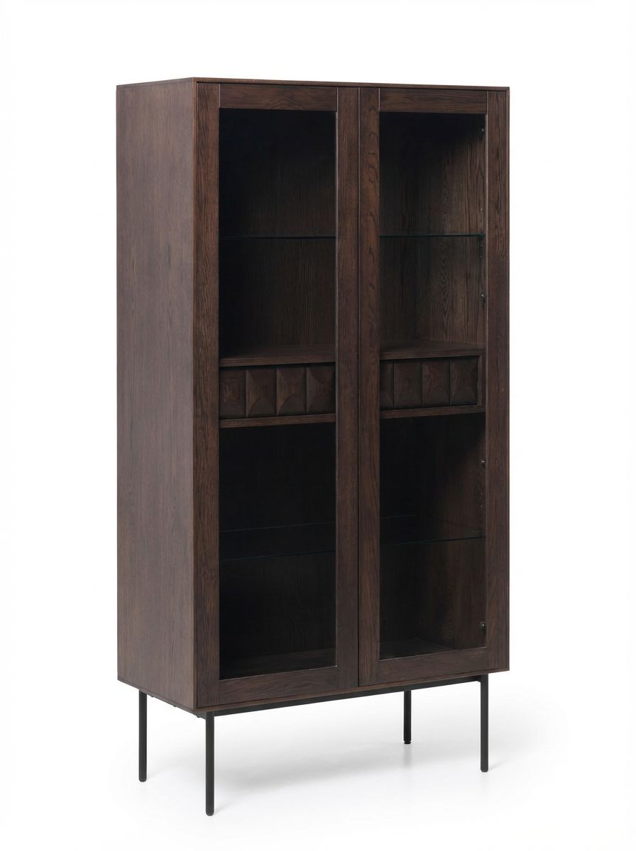 Image of Dark wooden cabinet with glass doors on a white background
