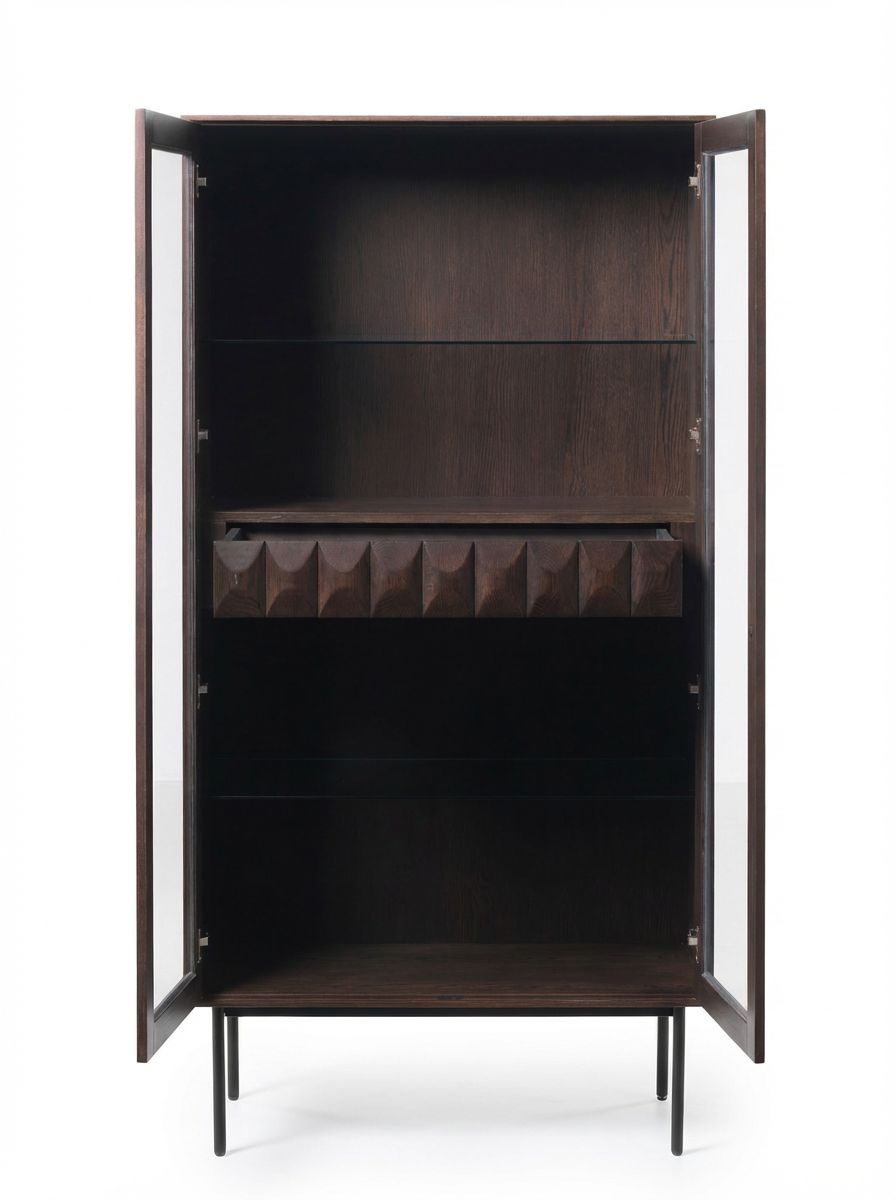Image of A tall dark wood cabinet with open double doors, featuring multiple interior shelves and a decorative geometric drawer or storage compartment on the middle shelf, shown against a plain white background.
