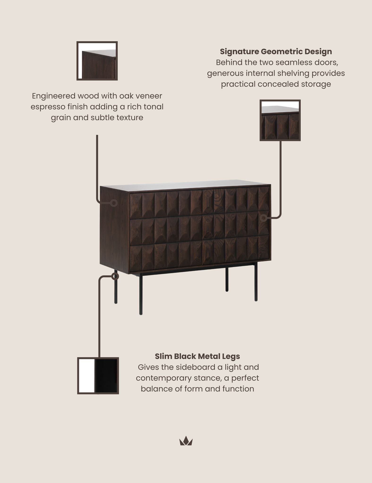 Image of ROKA Dark Wood Geometric 2-Door Sideboard