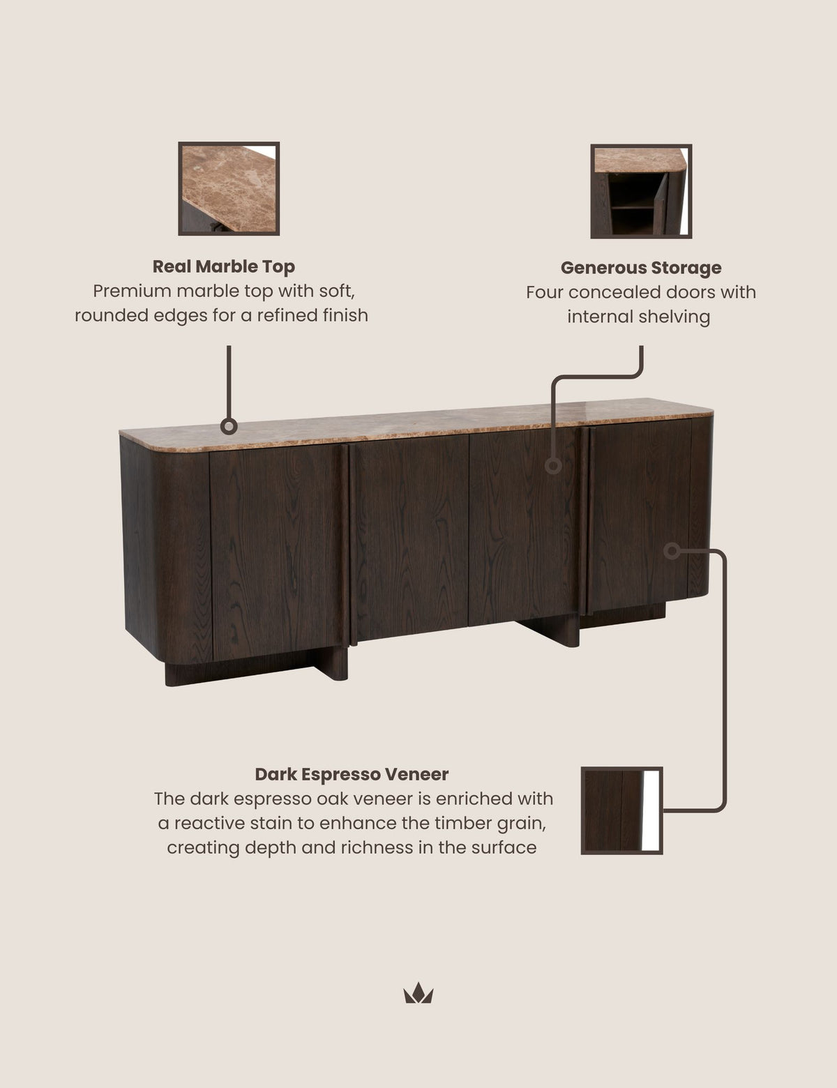 RIVA Dark Wood 4-Door Sideboard with Marble Top