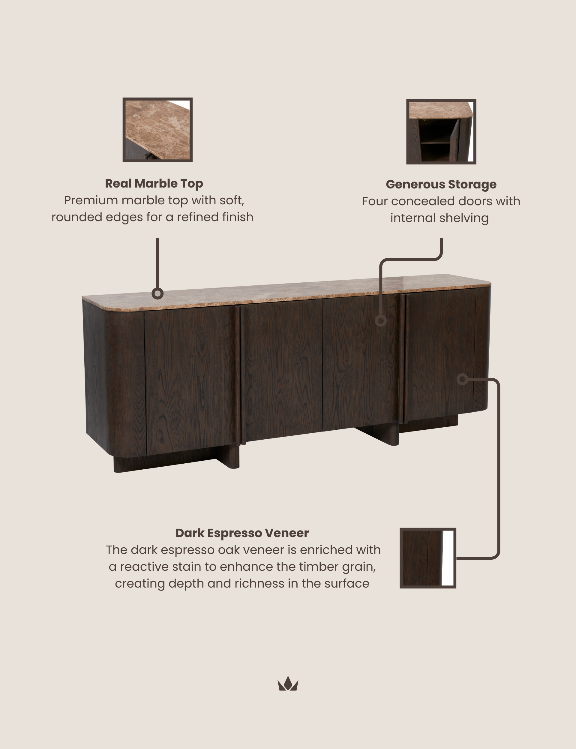 Image of ROKA Dark Wood 4-Door Sideboard with Marble Top