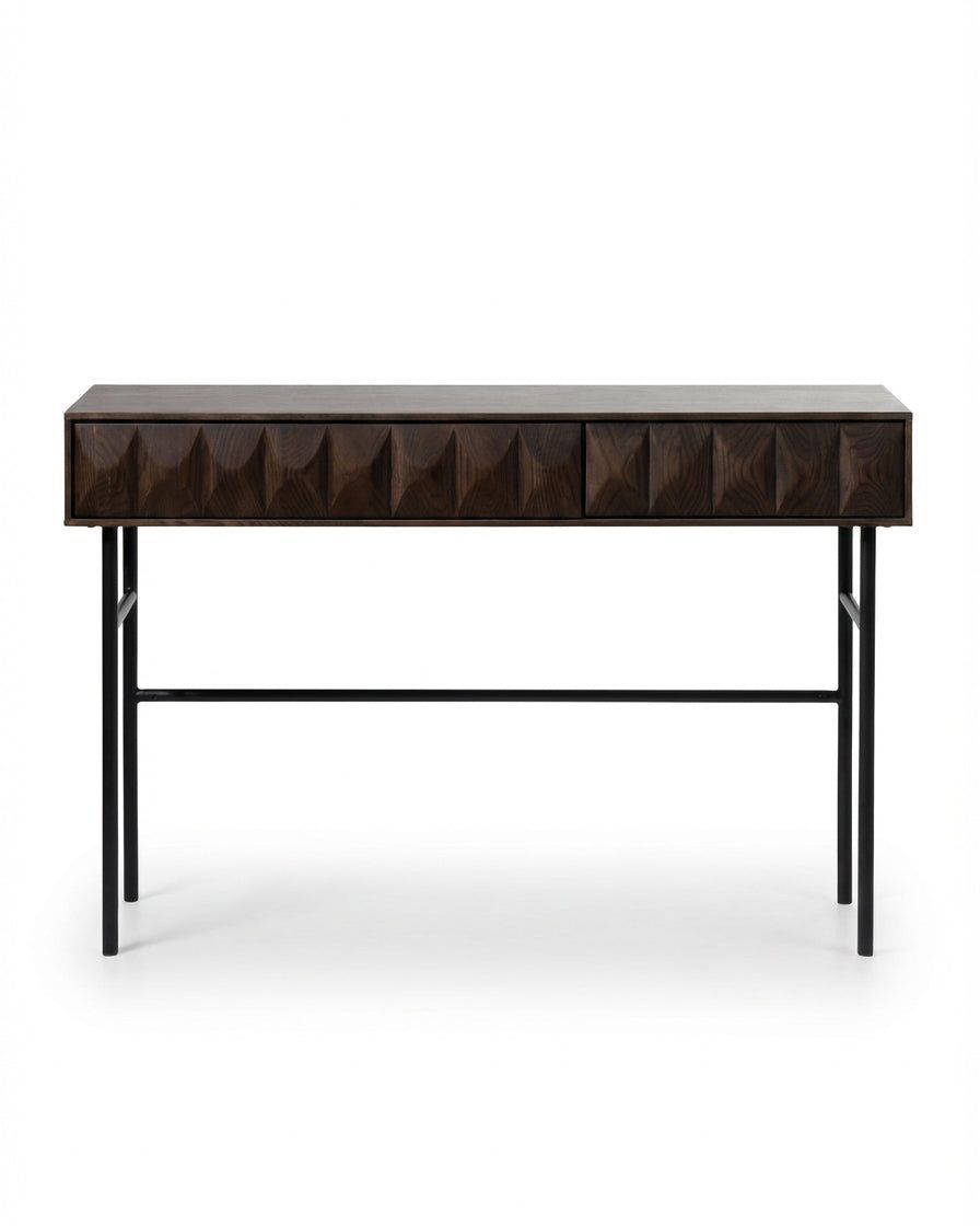 Image of A modern console table featuring a dark brown wood top with a geometric, textured front and a black metal frame with a lower support bar, shown against a plain white background.