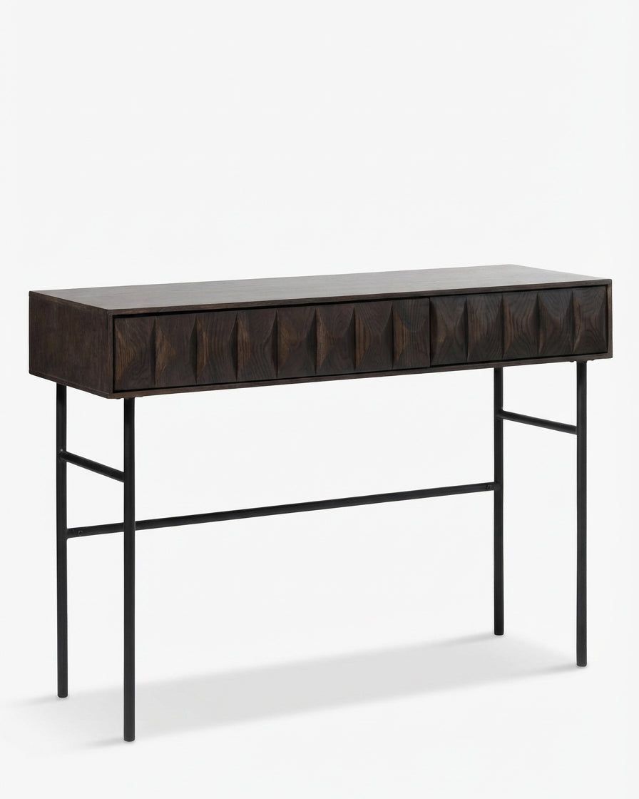 Image of Dark wood console table with black metal legs on a white background