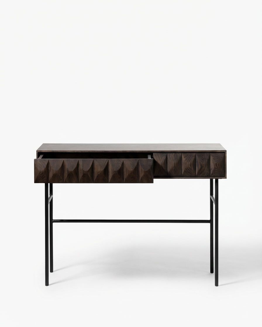 Image of Dark wooden desk with geometric design on a white background