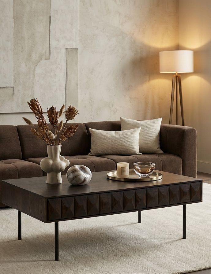 Image of Modern living room with a brown sofa, dark wooden coffee table, and decorative items.