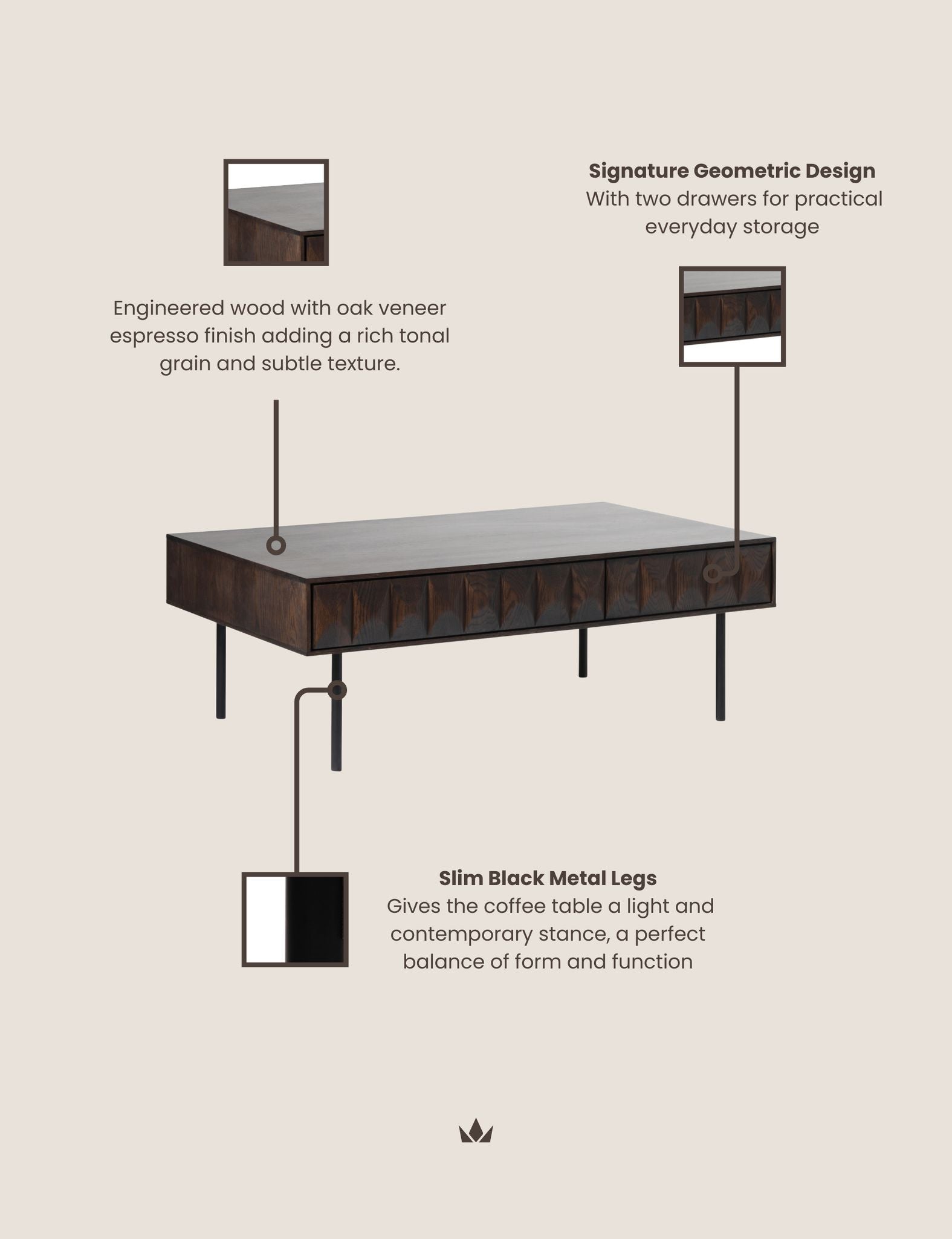 Image of ROKA Dark Wood Geometric Coffee Table