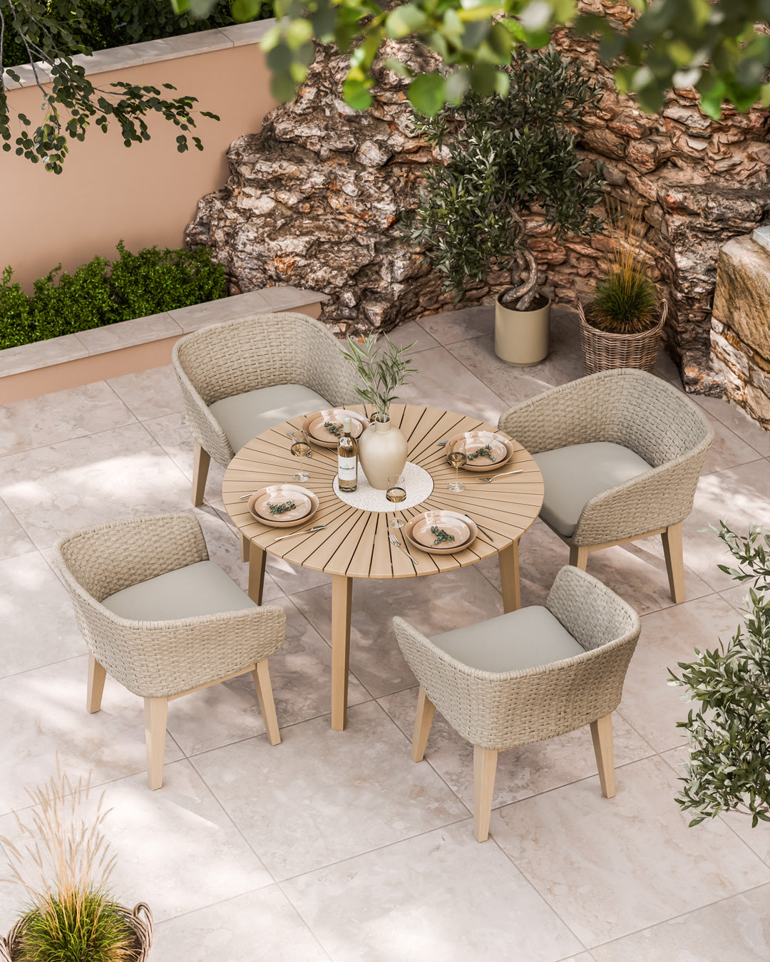 Roma 4 Seater Round Sunray with Terrazzo Insert Dining Set with Eden Dawn Chairs