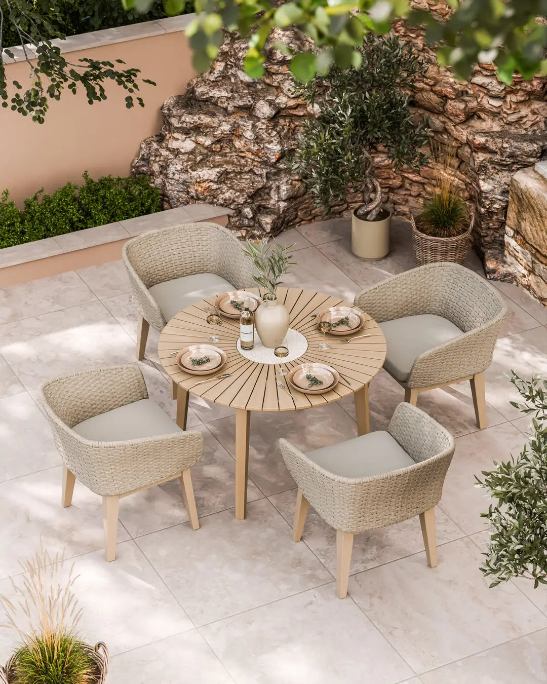 Roma 4 Seater Round Sunray with Terrazzo Insert Dining Set with Eden Dawn Chairs