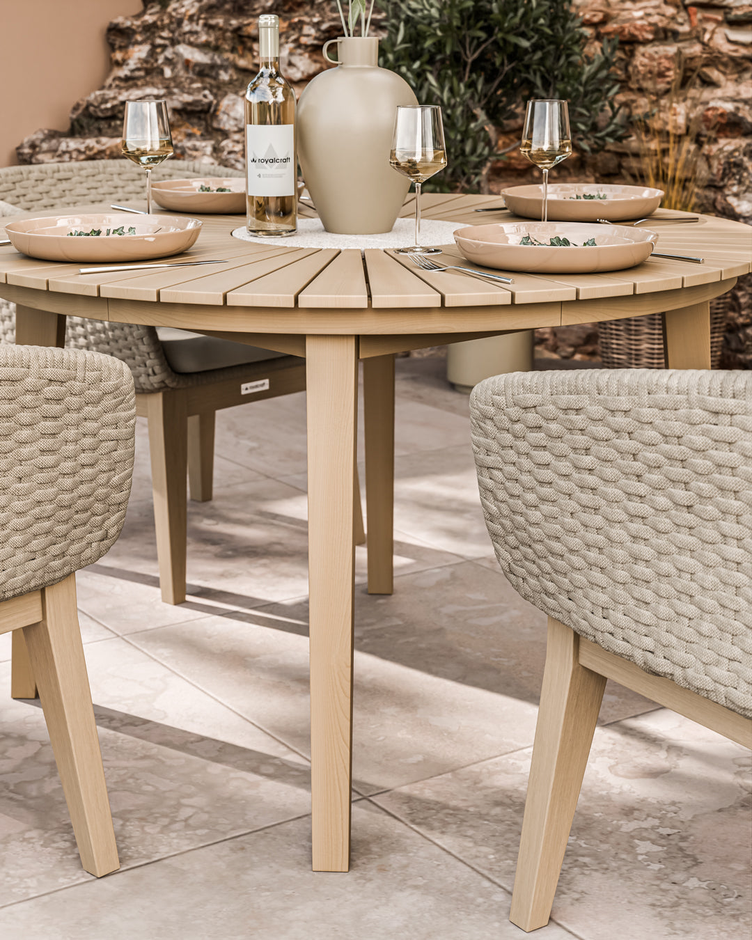 Roma 4 Seater Round Sunray with Terrazzo Insert Dining Set with Eden Dawn Chairs