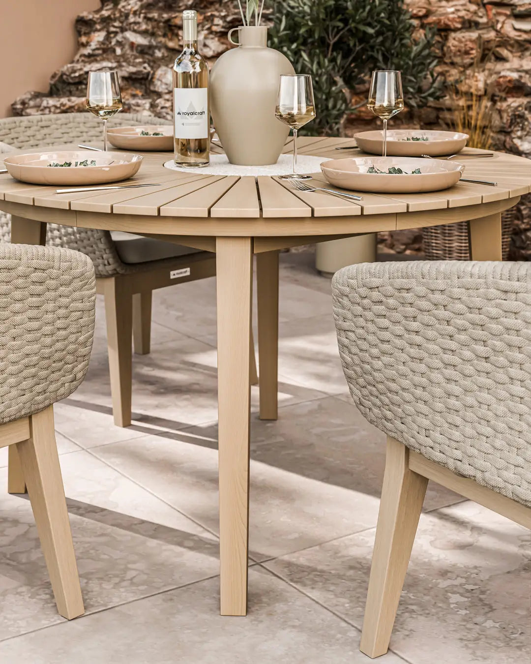 Roma 4 Seater Round Sunray with Terrazzo Insert Dining Set with Eden Dawn Chairs