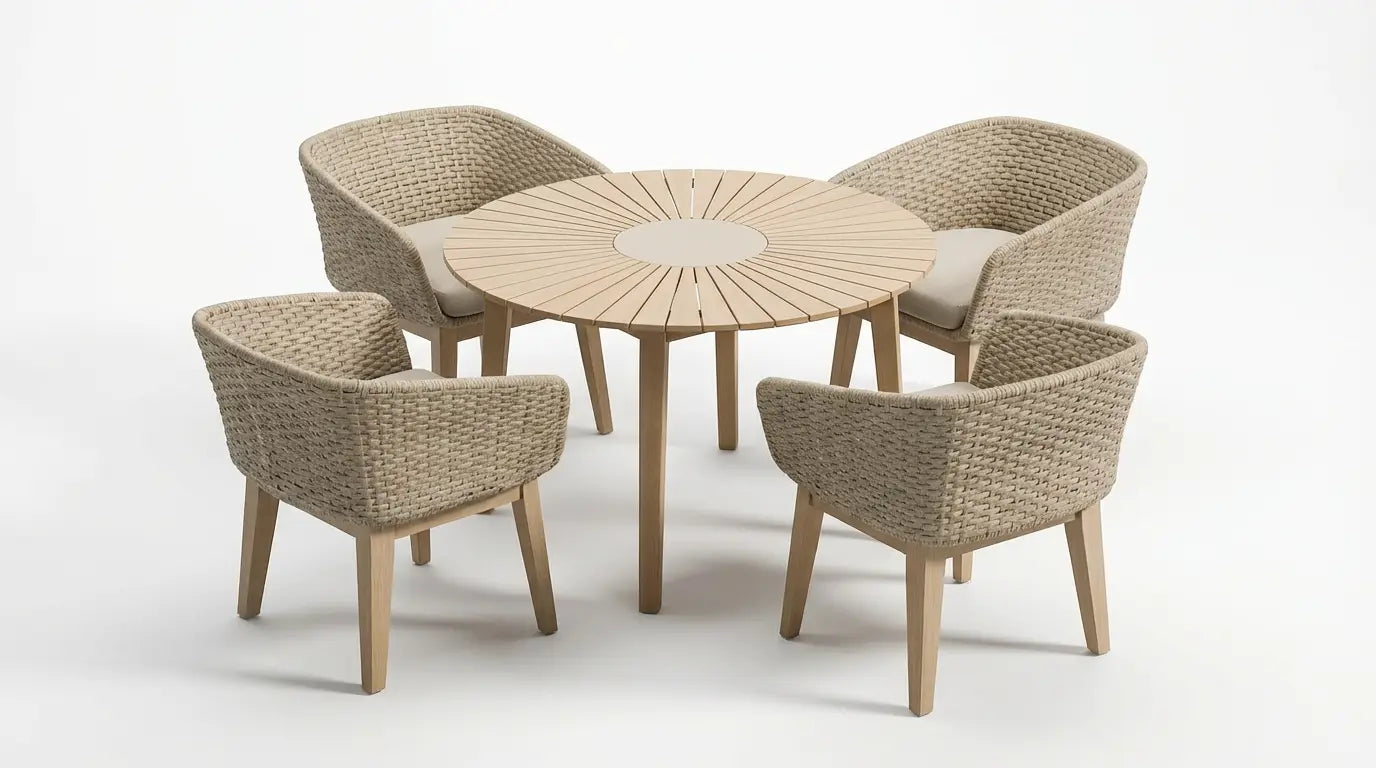 Image of Roma 4 Seater Round Sunray with Terrazzo Insert Dining Set with Eden Dawn Chairs