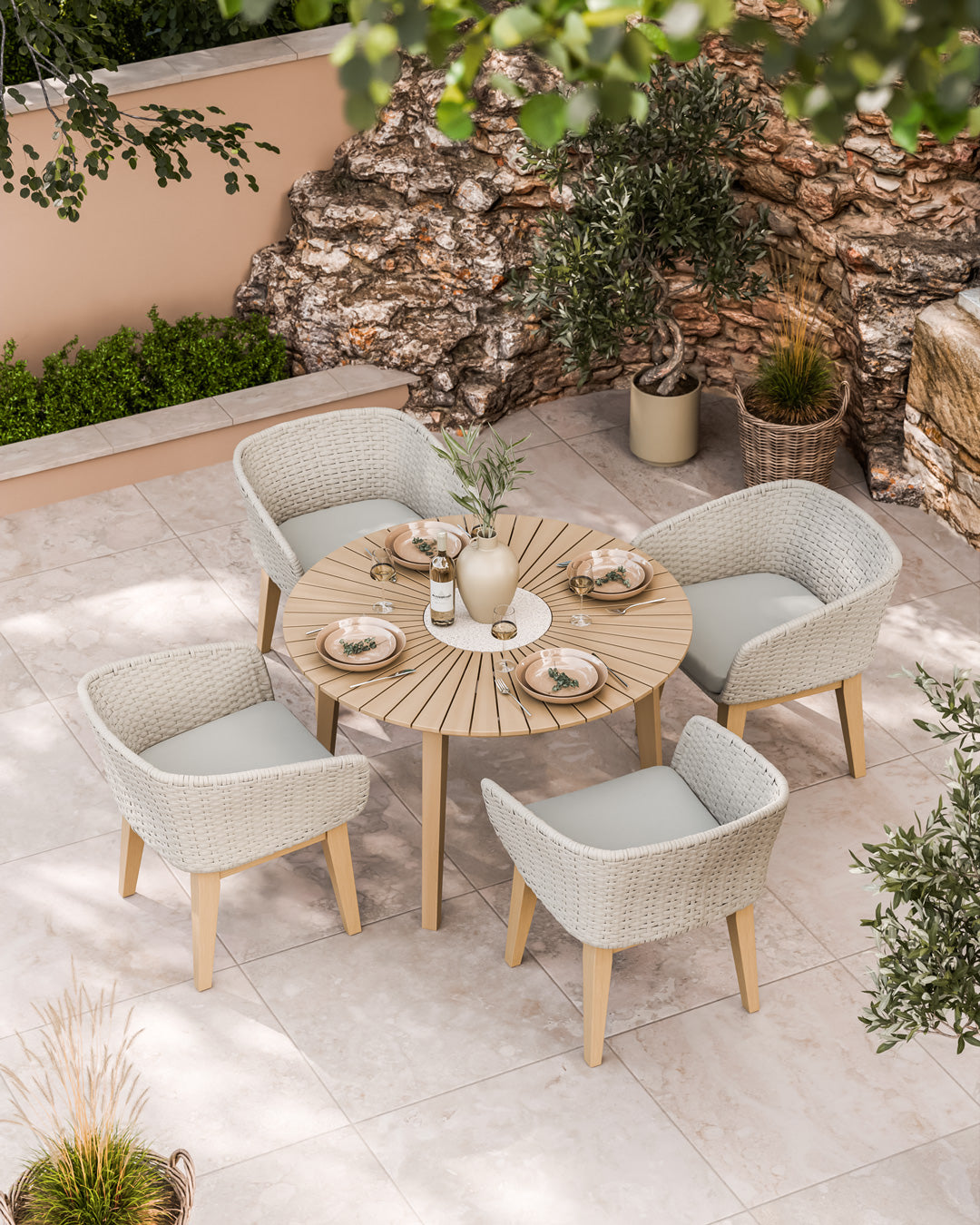 Roma 4 Seater Round Sunray with Terrazzo Insert Dining Set with Eden Dusk Chairs