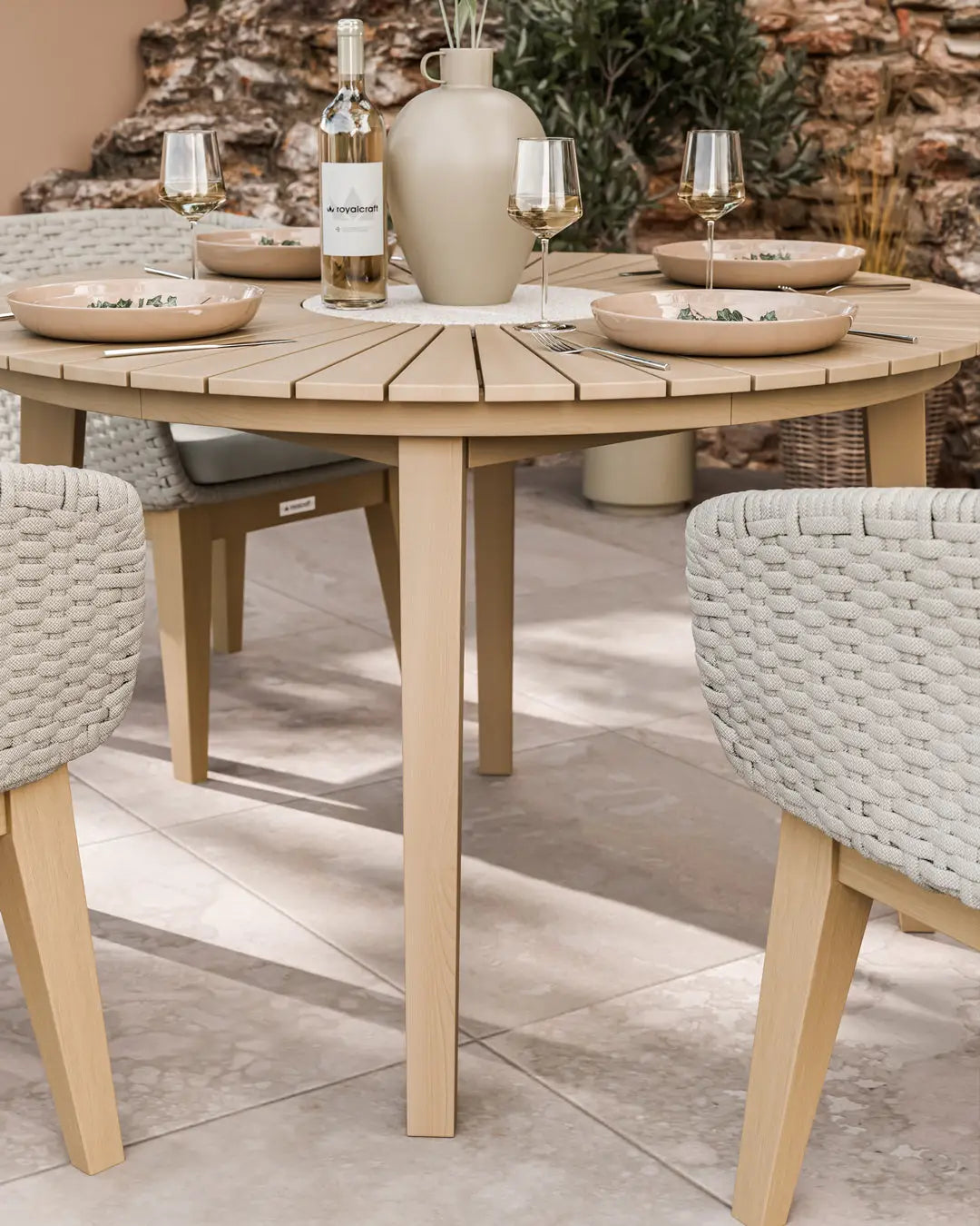 Image of Roma 4 Seater Round Sunray with Terrazzo Insert Dining Set with Eden Dusk Chairs