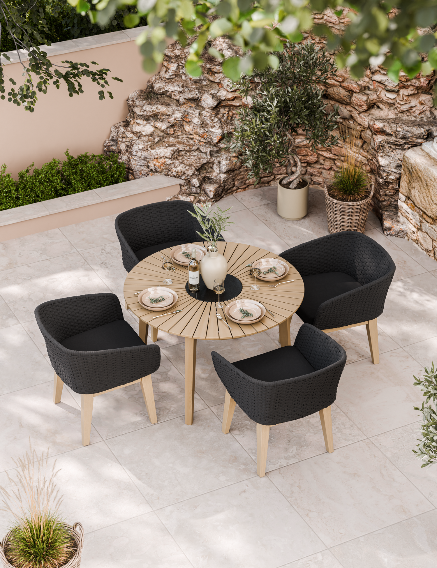Roma 4 Seater Round Sunray with Black Granite Insert Dining Set with Eden Night Dining Chairs