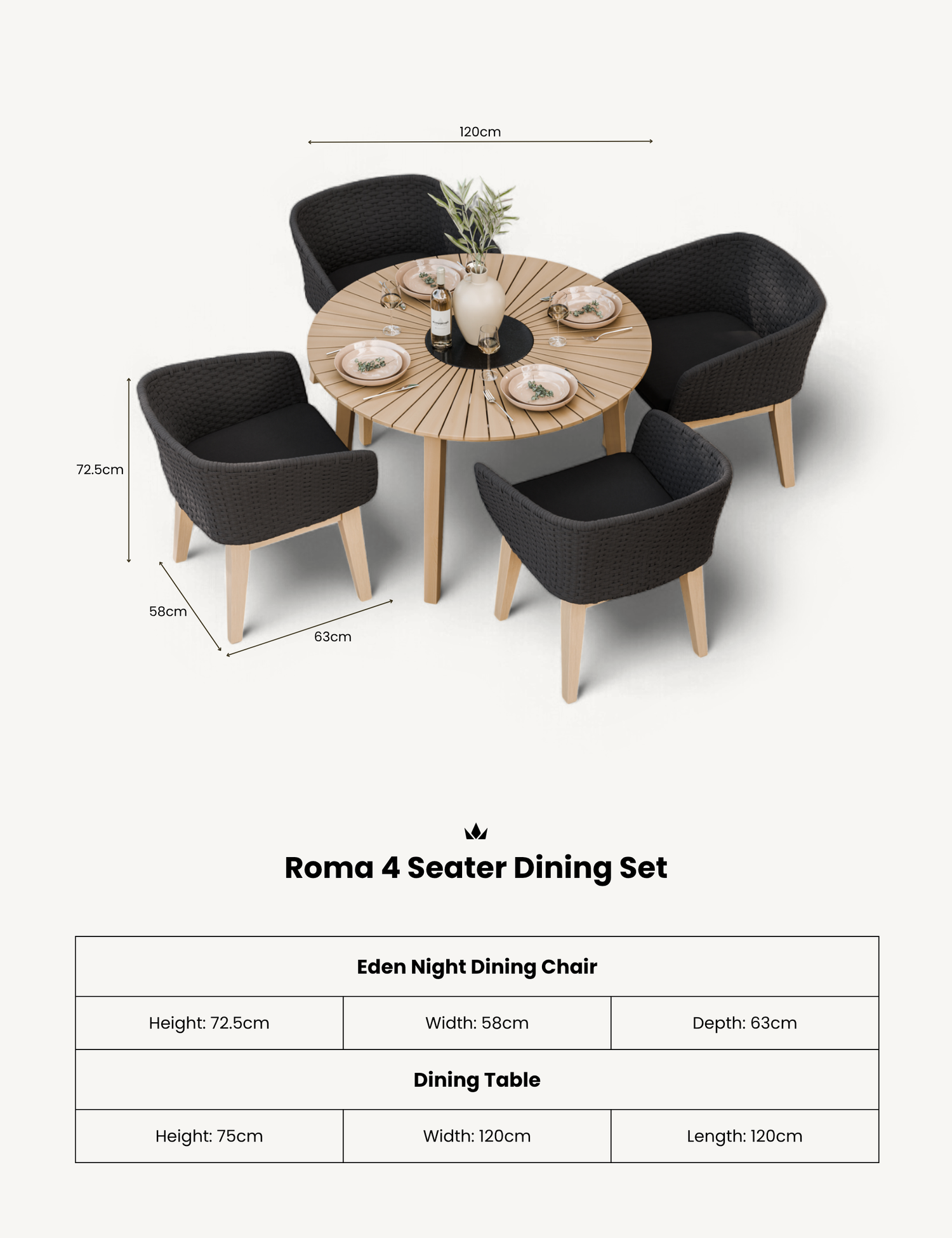 Roma 4 Seater Round Sunray with Black Granite Insert Dining Set with Eden Night Dining Chairs