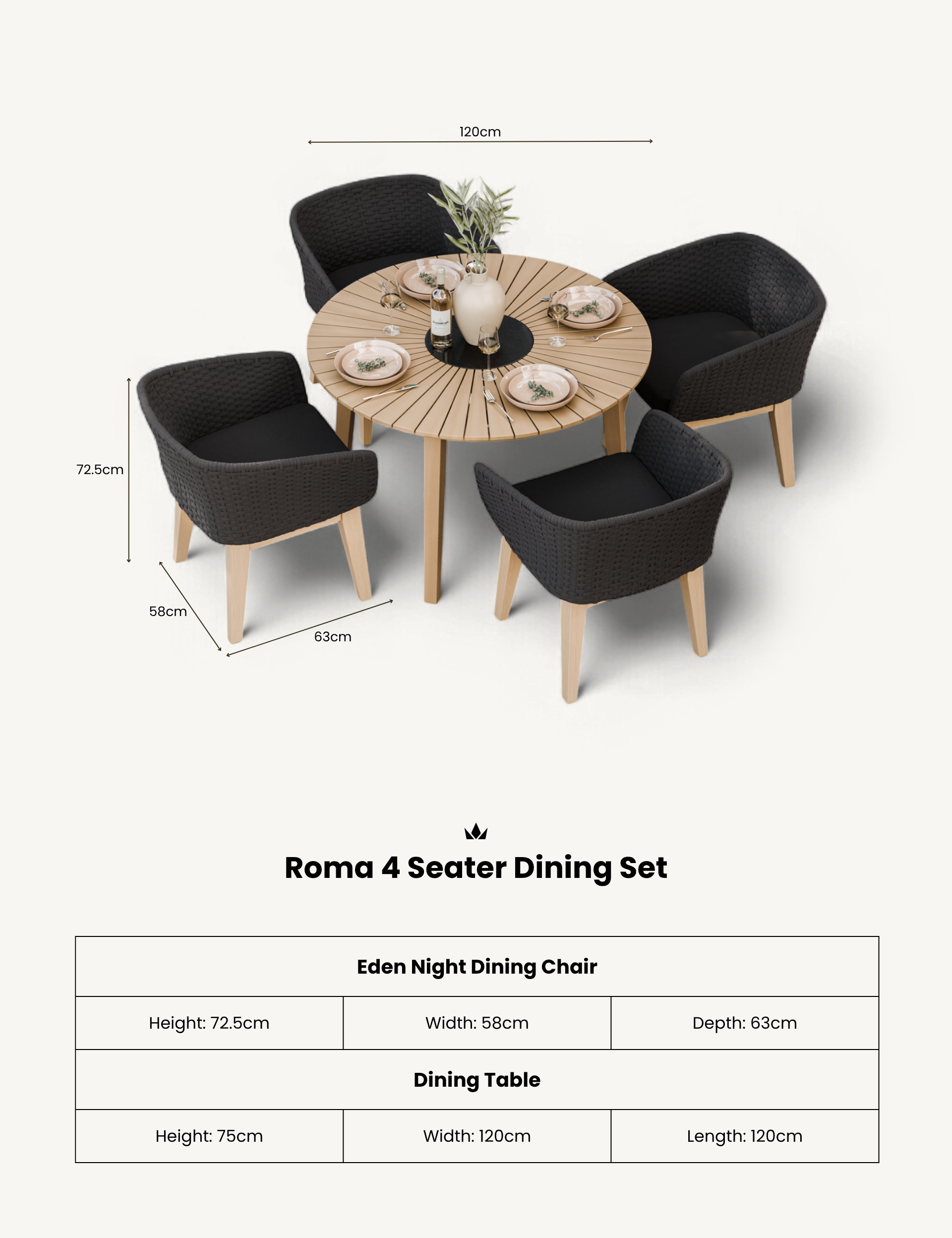 Roma 4 Seater Round Sunray with Black Granite Insert Dining Set with Eden Night Dining Chairs