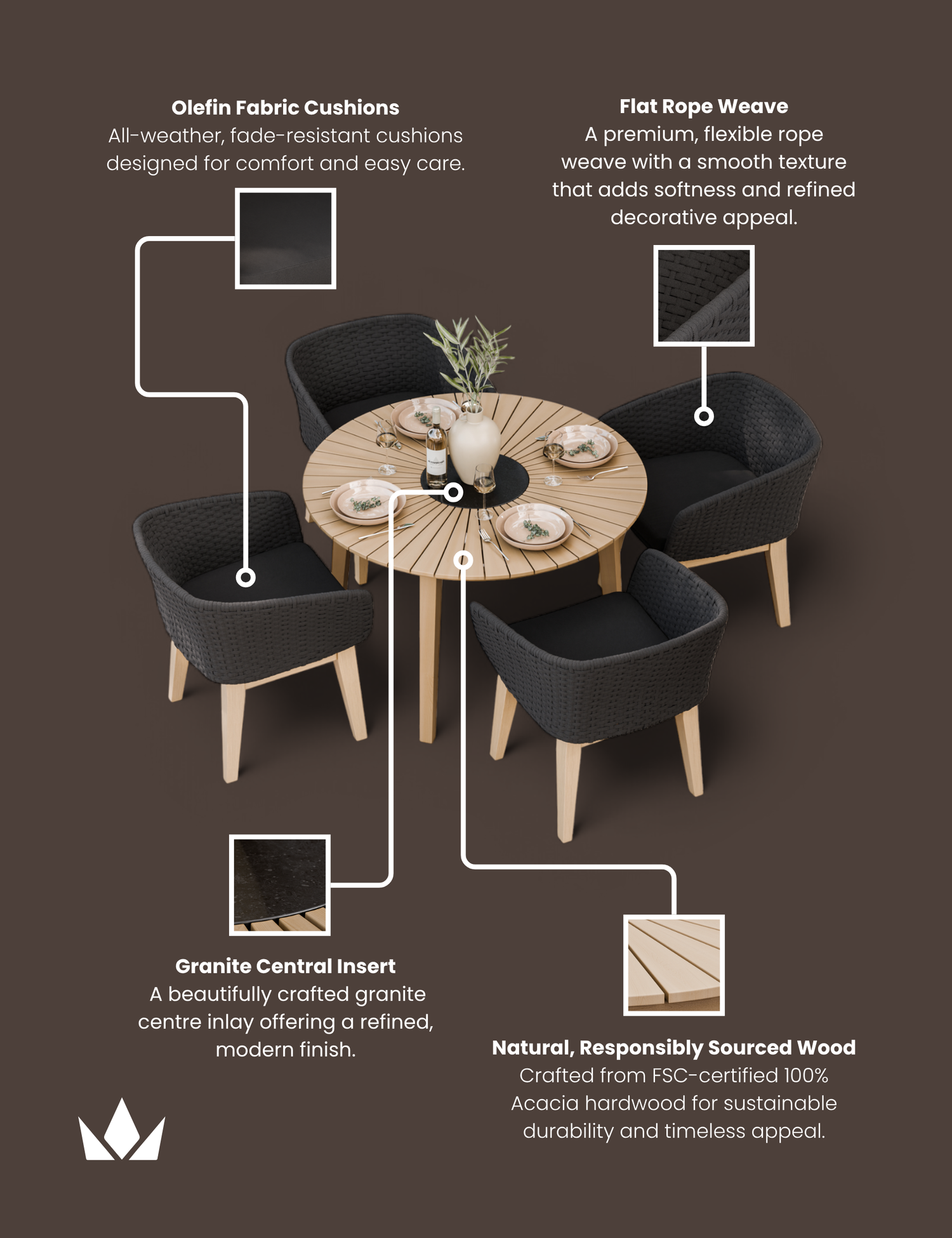 Roma 4 Seater Round Sunray with Black Granite Insert Dining Set with Eden Night Dining Chairs