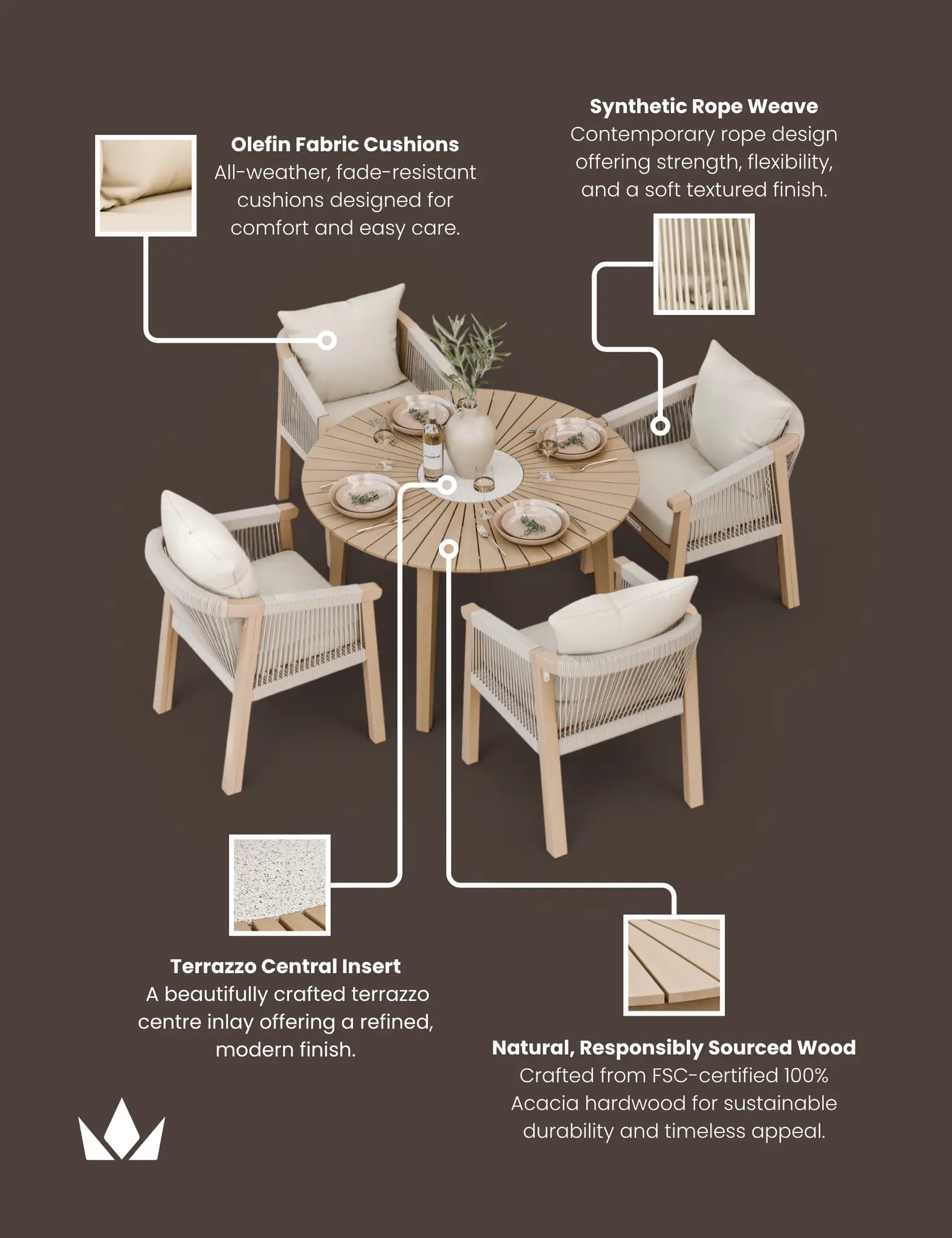 Image of Roma 4 Seater Round Sunray with Terrazzo Insert Dining Set with Roma Dining Chairs