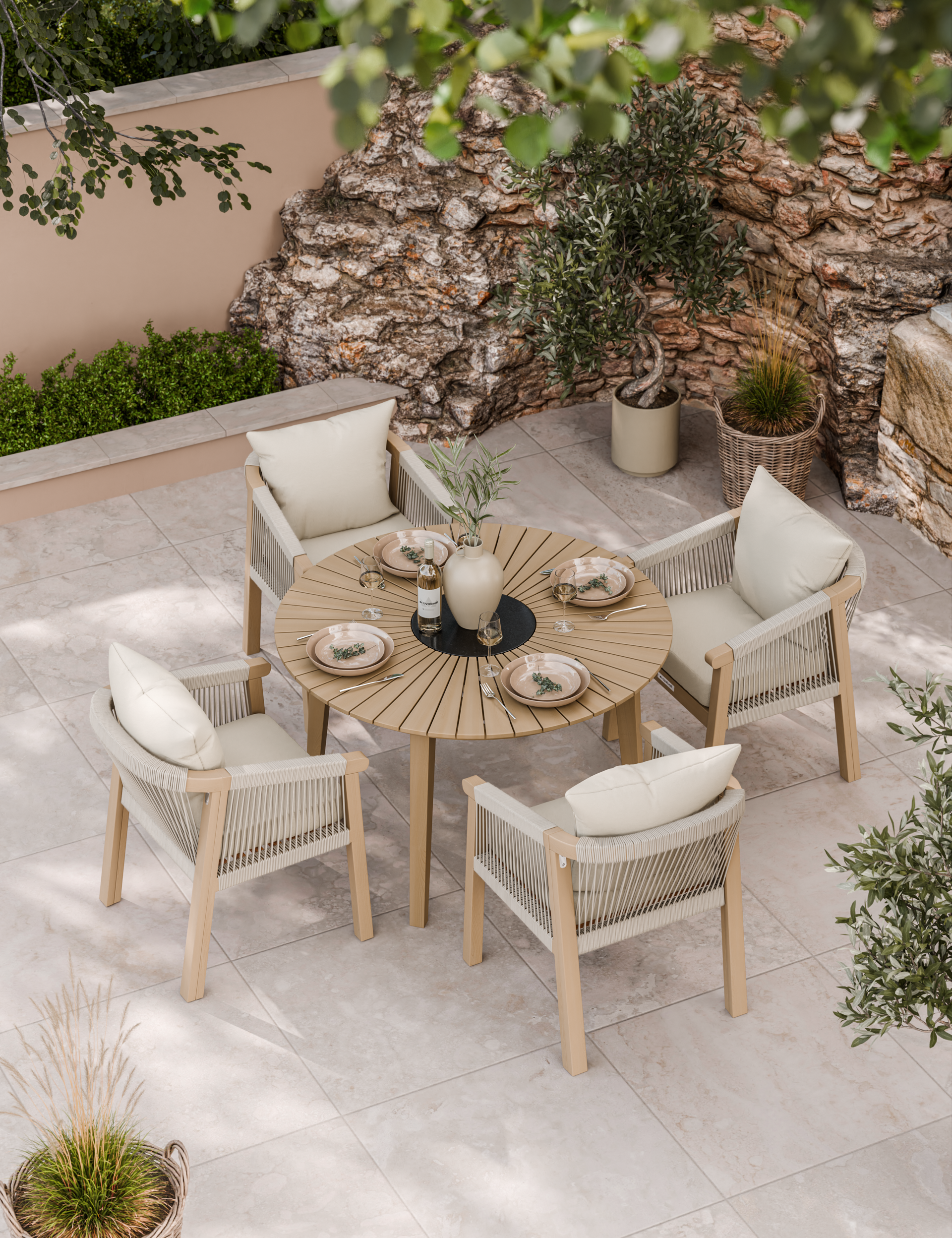 Roma 4 Seater Round Sunray with Black Granite Insert Dining Set with Roma Dining Chairs