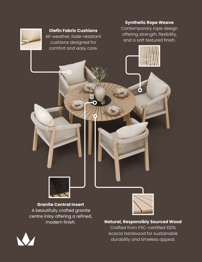 Roma 4 Seater Round Sunray with Black Granite Insert Dining Set with Roma Dining Chairs