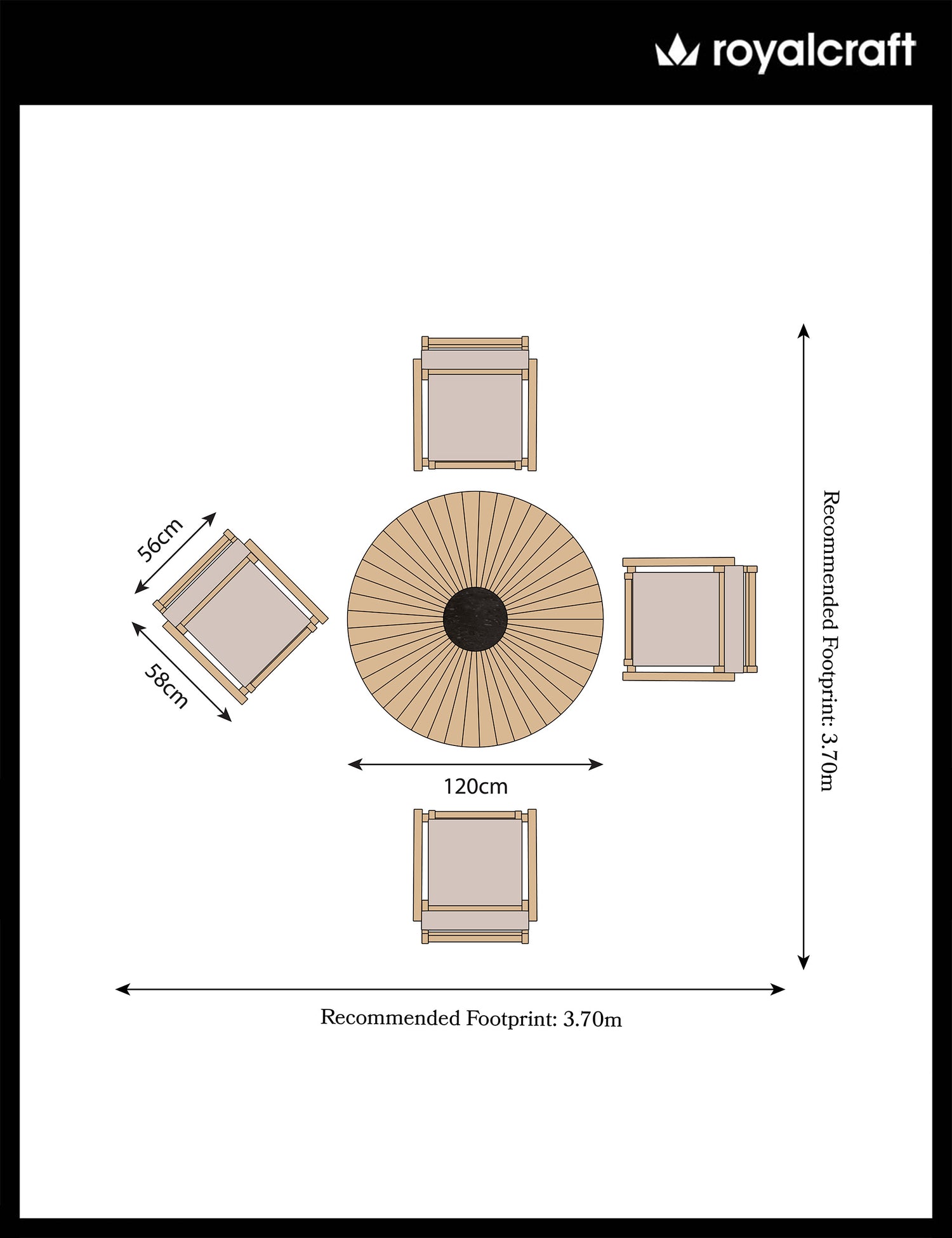 Roma 4 Seater Round Sunray with Black Granite Insert Dining Set with Roma Rope Stacking Chairs
