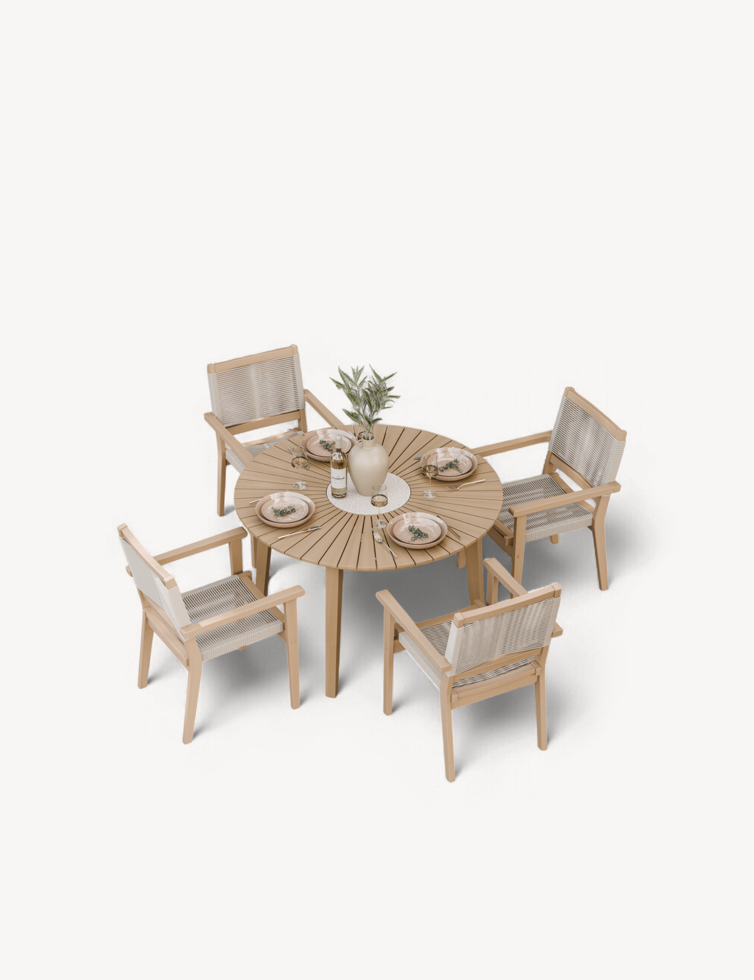 Roma 4 Seater Round Sunray with Terrazzo Insert Dining Set with Roma Rope Stacking Chairs