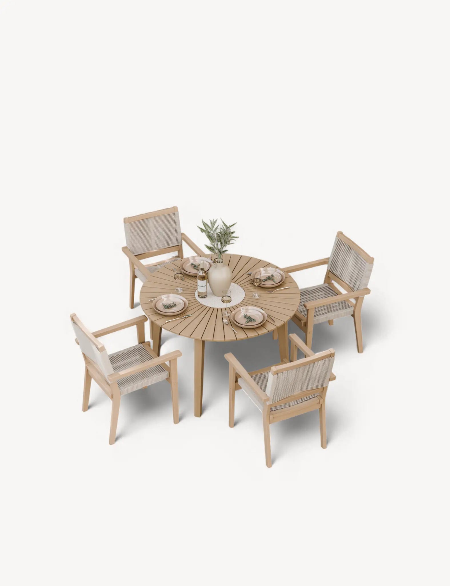 Image of Roma 4 Seater Round Sunray with Terrazzo Insert Dining Set with Roma Rope Stacking Chairs