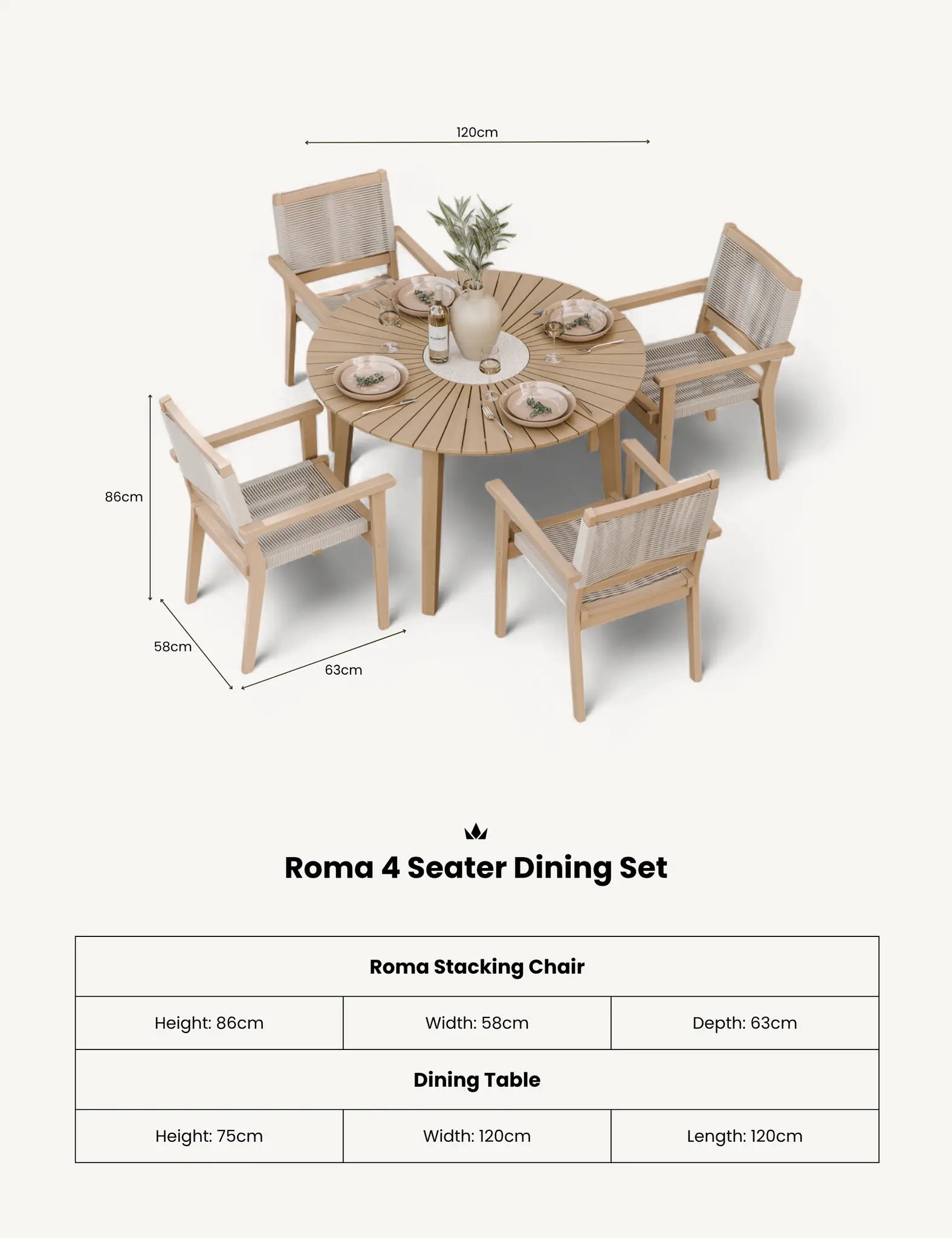 Image of Roma 4 Seater Round Sunray with Terrazzo Insert Dining Set with Roma Rope Stacking Chairs