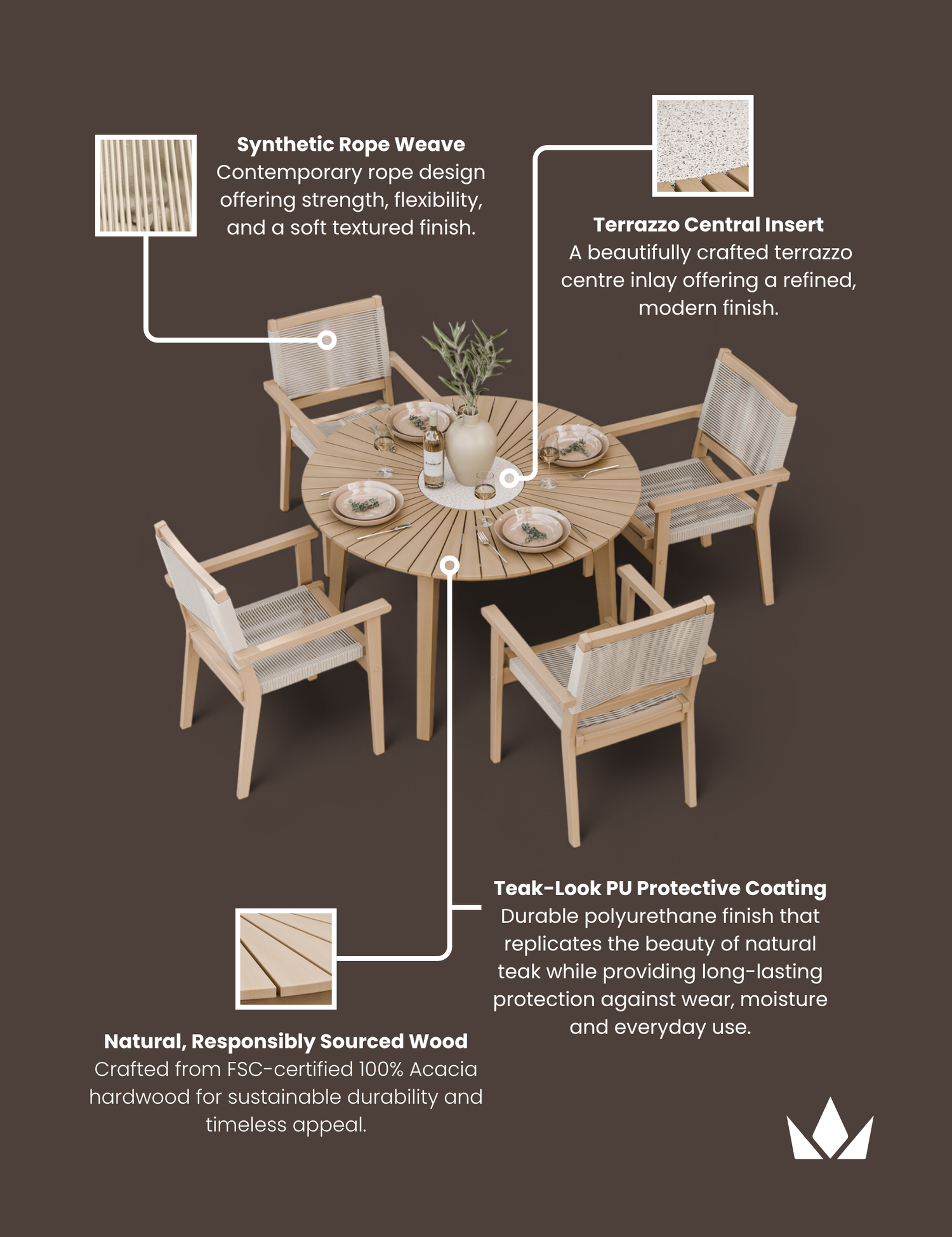 Roma 4 Seater Round Sunray with Terrazzo Insert Dining Set with Roma Rope Stacking Chairs
