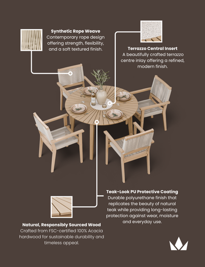 Roma 4 Seater Round Sunray with Terrazzo Insert Dining Set with Roma Rope Stacking Chairs