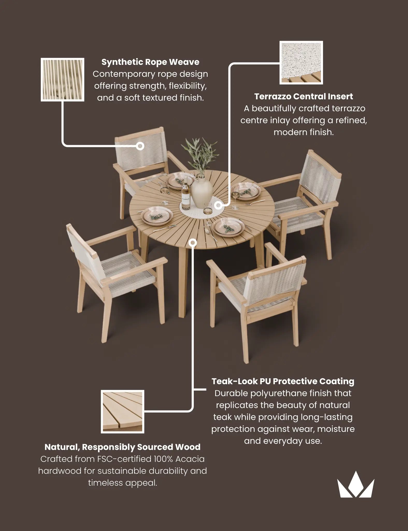 Roma 4 Seater Round Sunray with Terrazzo Insert Dining Set with Roma Rope Stacking Chairs