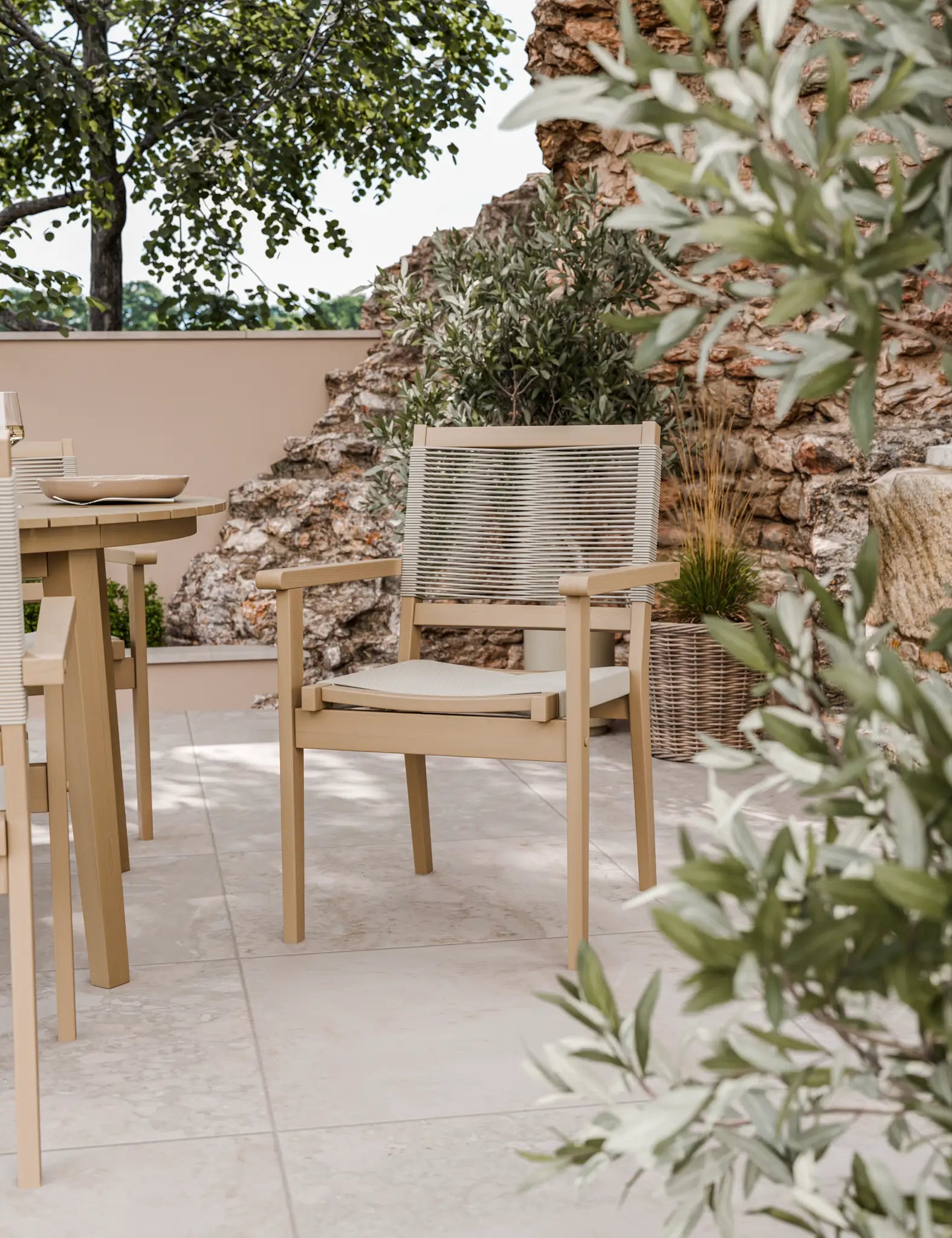 Image of Roma 4 Seater Round Sunray with Terrazzo Insert Dining Set with Roma Rope Stacking Chairs