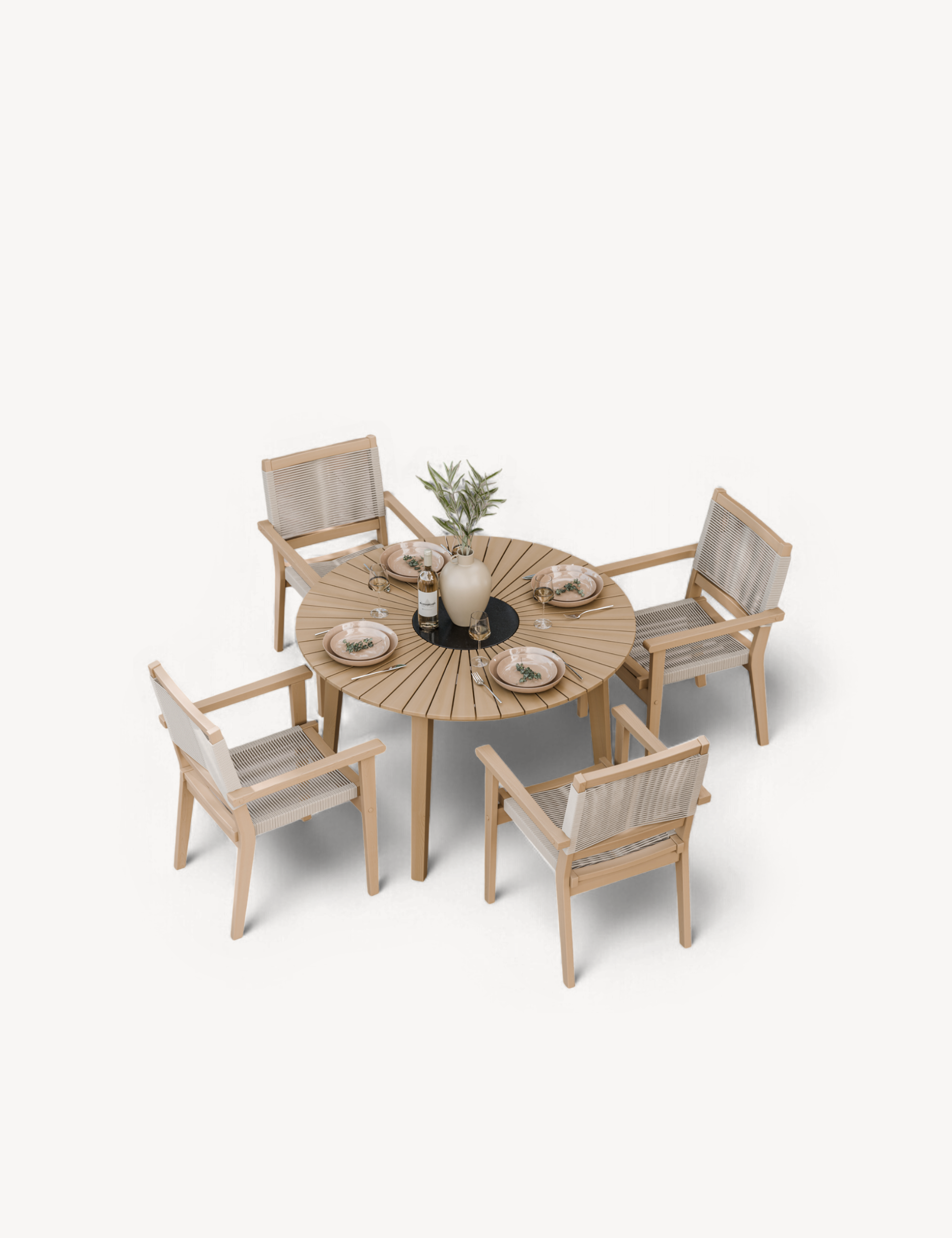 Roma 4 Seater Round Sunray with Terrazzo Insert Dining Set with Roma Rope Stacking Chairs