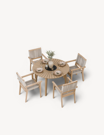 Roma 4 Seater Round Sunray with Terrazzo Insert Dining Set with Roma Rope Stacking Chairs