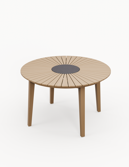 Roma 4 Seater Round Sunray with Terrazzo Insert Dining Set with Roma Rope Stacking Chairs