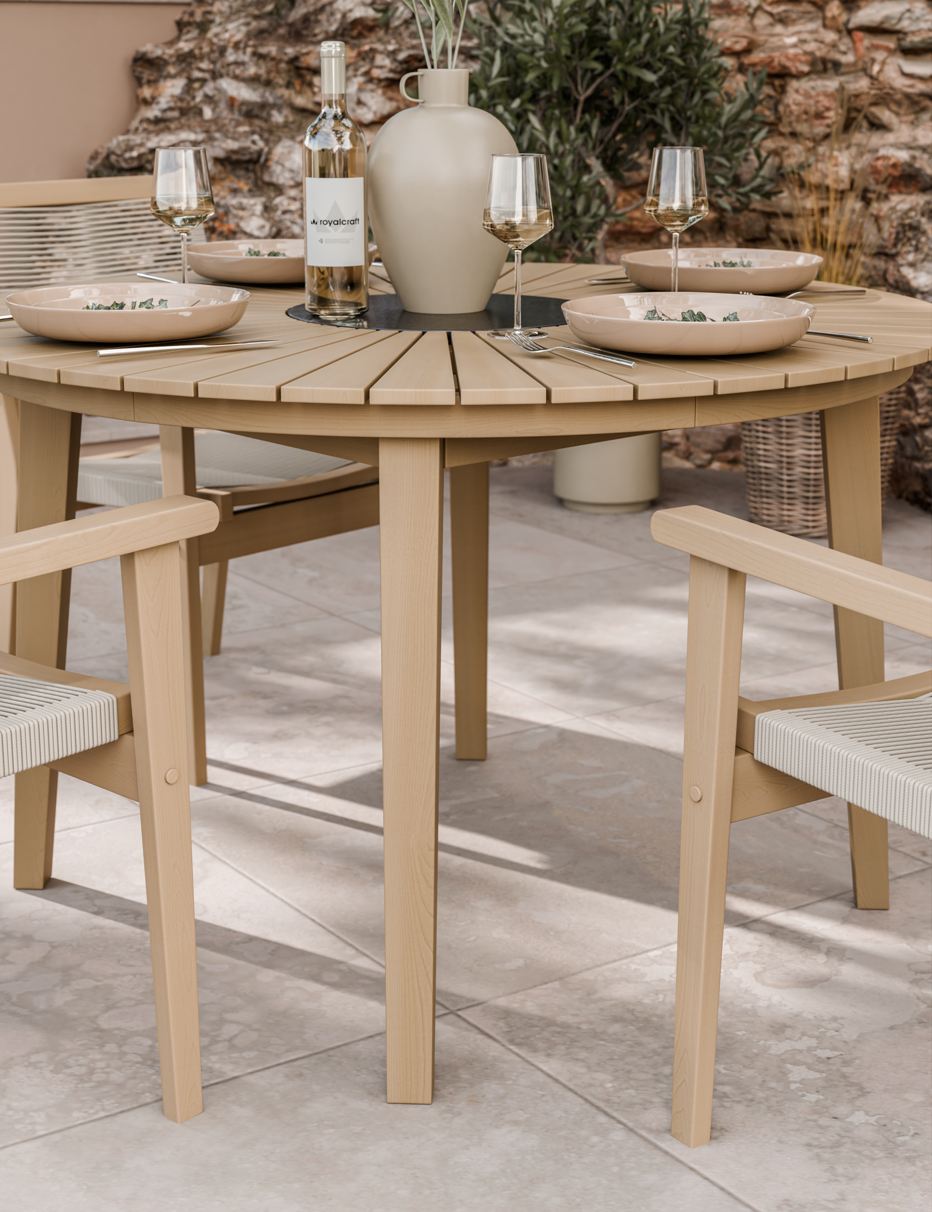 Roma 4 Seater Round Sunray with Terrazzo Insert Dining Set with Roma Rope Stacking Chairs