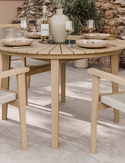 Roma 4 Seater Round Sunray with Terrazzo Insert Dining Set with Roma Rope Stacking Chairs